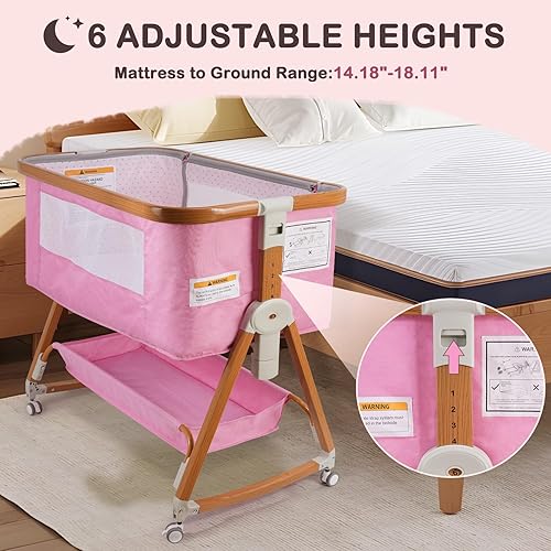 Miniatura 4 de BIERUM Moisés, cuna 4 en 1, moisés de noche para bebé, cuna de 6 alturas ajustables con ruedas y mosquiteras, bolsa de almacenamiento grande y