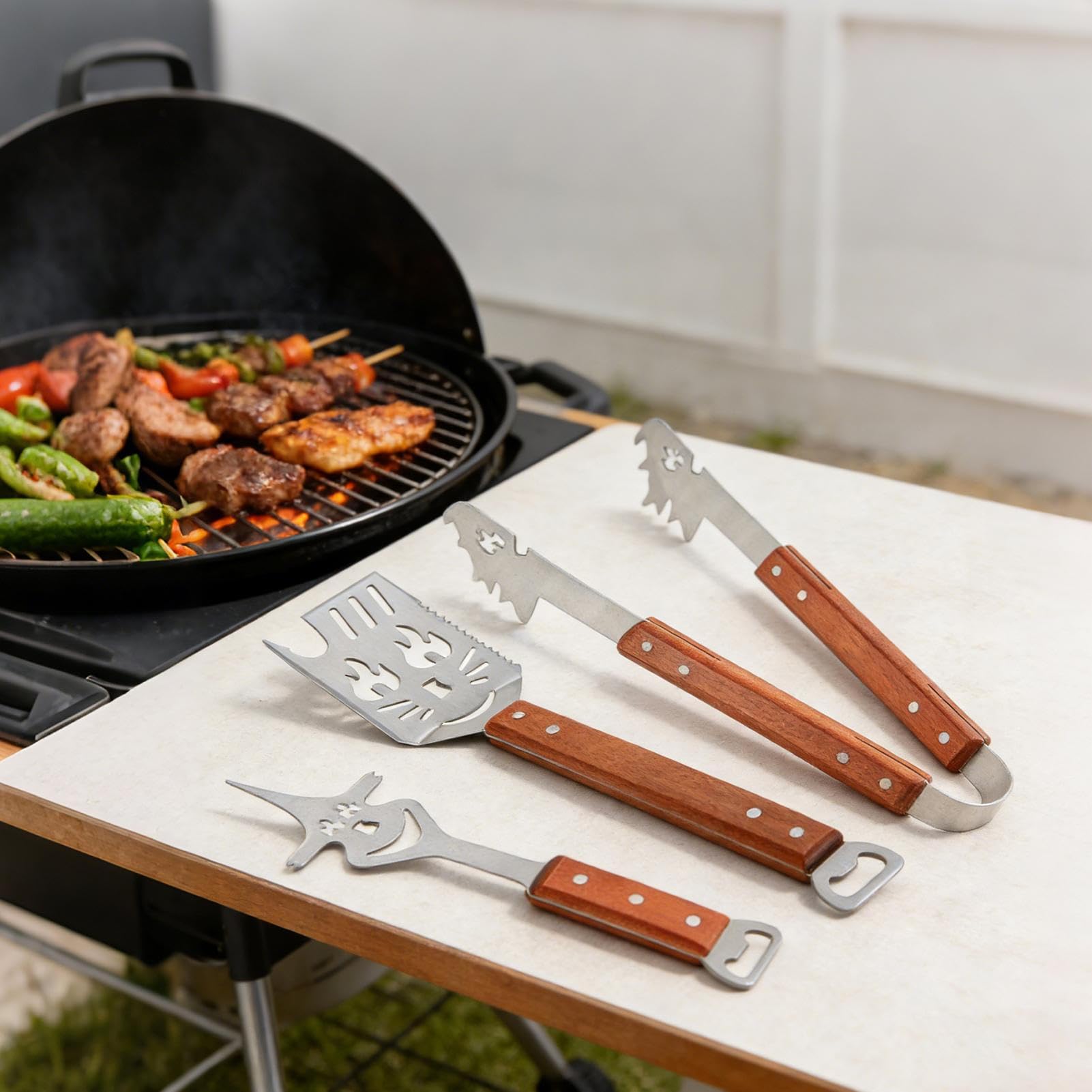 Set di Utensili per Barbecue 3 Pezzi Multifunzionale Compatto Completo | Set Utensili Barbecue Esterno Per Uomo Regalo