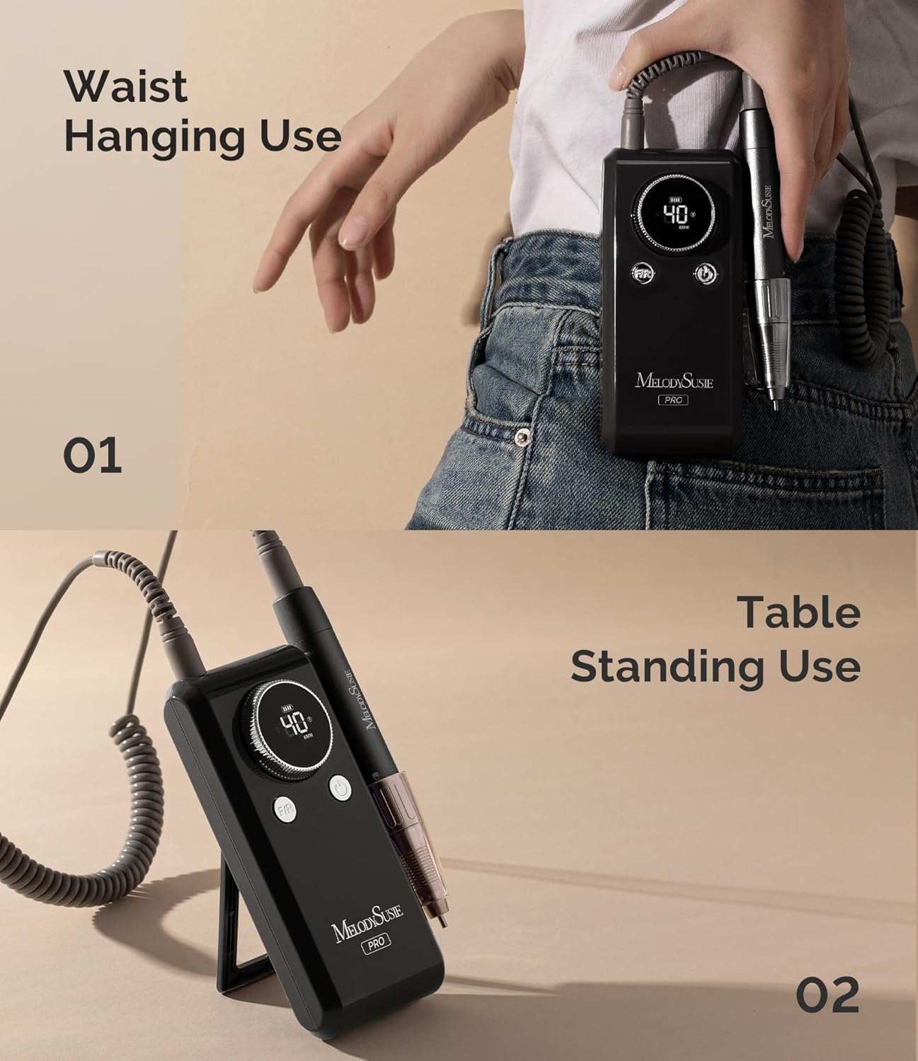 MelodySusie Professional Clip-On Rechargeable Nail Drill with Adjustable Built-in Stand and Premium Motor, MB420G 40000RPM E-File with Max Speed for All Manicure Shaping & Gel Removal for Salon Use