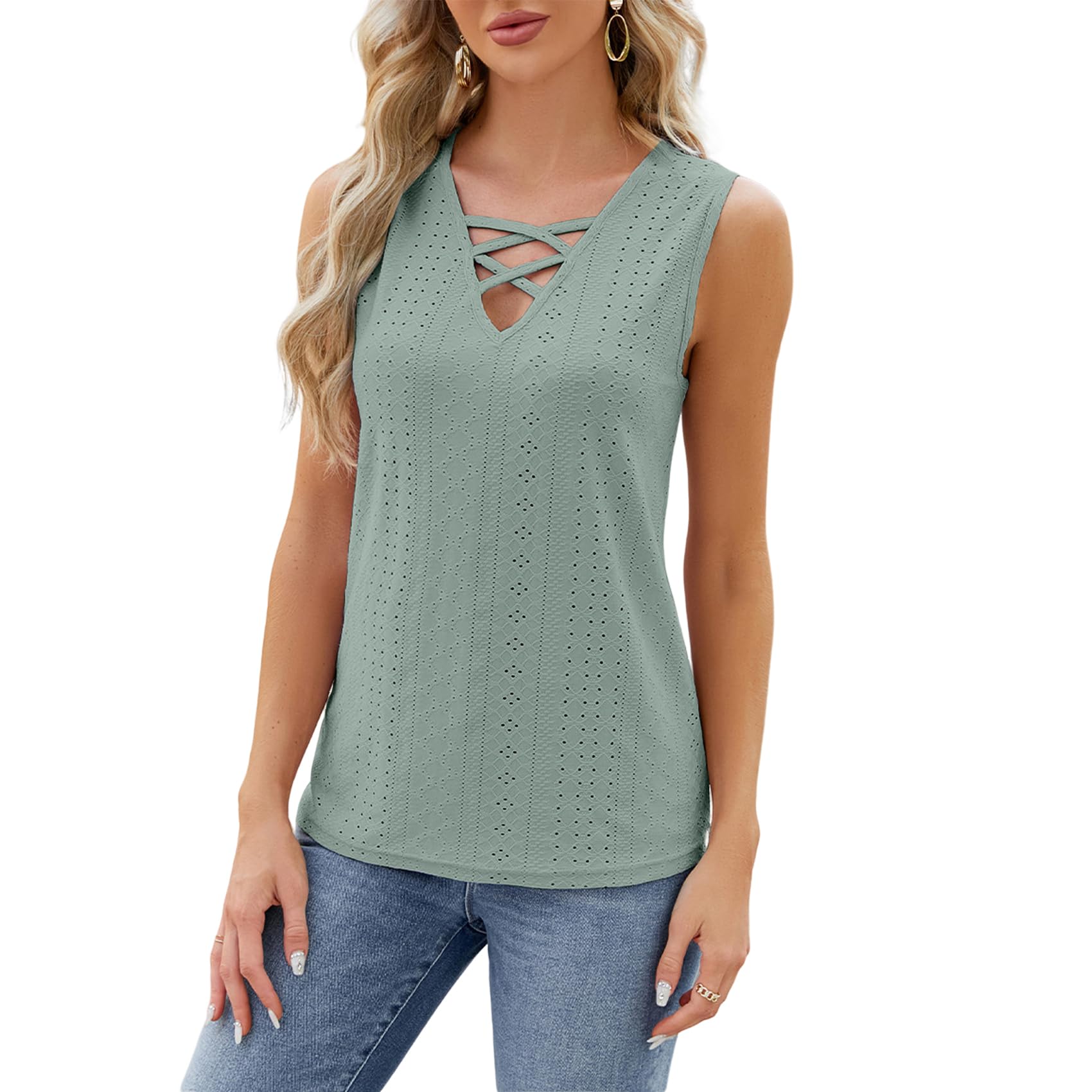 Atxnn Camiseta Sin Mangas Mujer Chaleco Cruzado de Cuello V Tank Tops de Verano Camisa Sexy de Ojales para Viajes de Fiesta