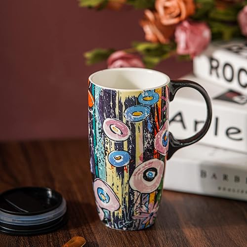 Miniatura 4 de DUSVALLY Taza de café de cerámica con tapa y asa, taza de té de viaje de porcelana para café con leche, capuchino y cacao, Doodle circular para