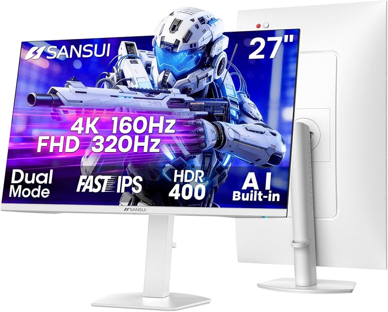 27" 4K Gaming Monitor, UHD 160Hz or FHD 320Hz Dual Mode PC Monitor- Fast IPS 1ms(OD) 丨2×HDMI2.1丨2×DP 1.4丨Built-in Speakers丨Eye Care丨AI Crosshair丨PIP/PBP丨HDR400丨Rotating/Height Adjustable