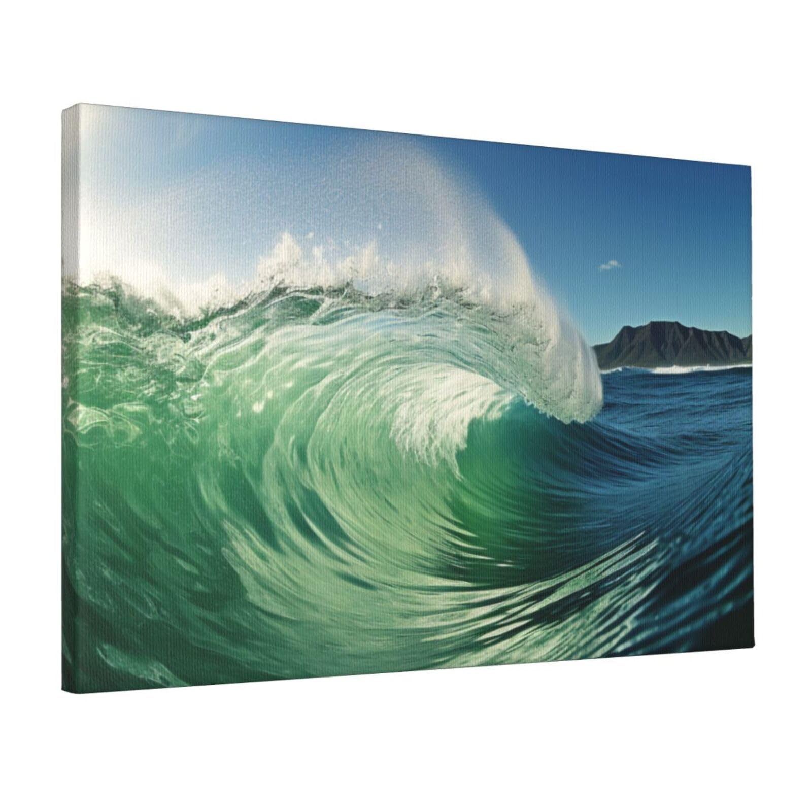 YKLJG Sea Green Wave Surf Printed Wall Art Canvas Prints 45x30 CM Wooden Framed Picture Painting Artwork for Bedroom Kitchen Home Office Decor