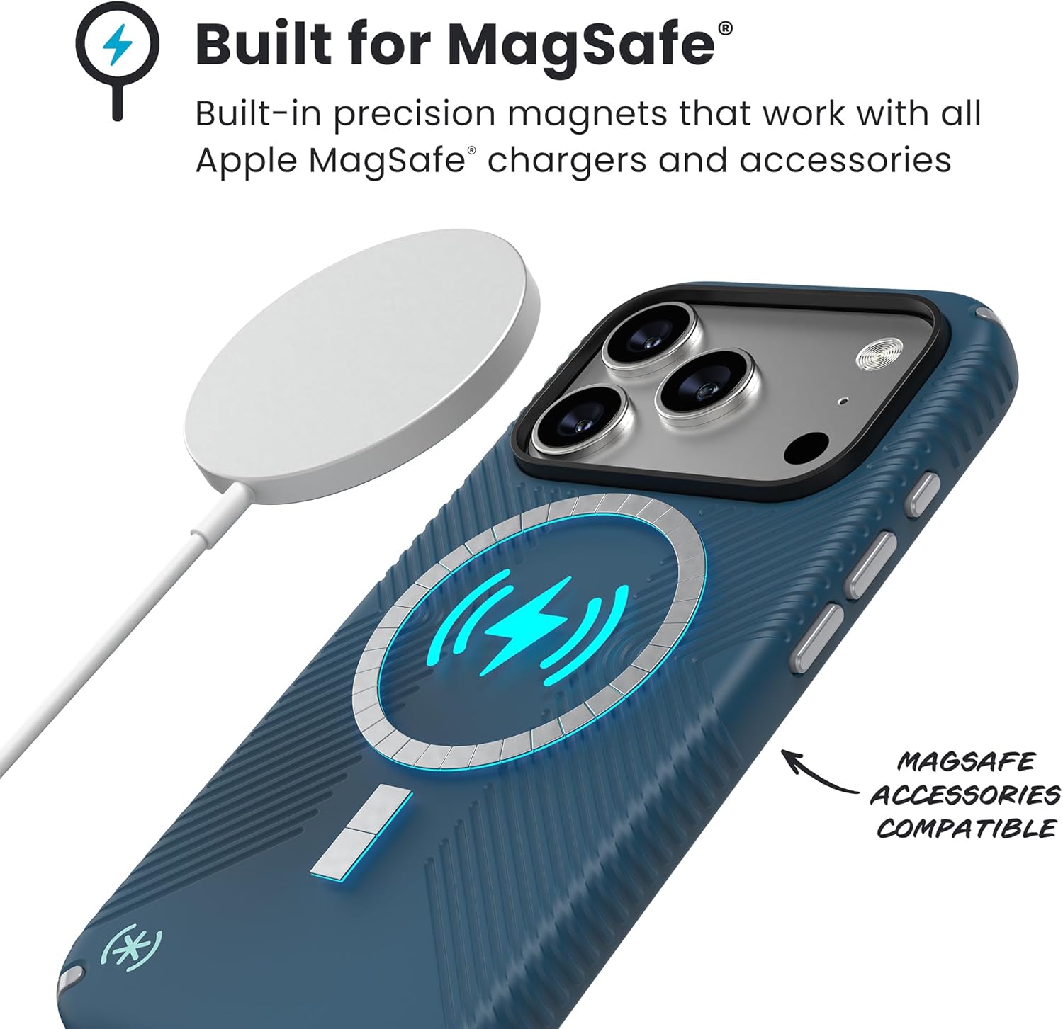 Speck PRESIDIO2 Grip for iPhone 17 Pro Case, MagSafe-Compatible, Slim Protective Case, DEEP SEA/Silver Metallic/Spell Blue - Image 2