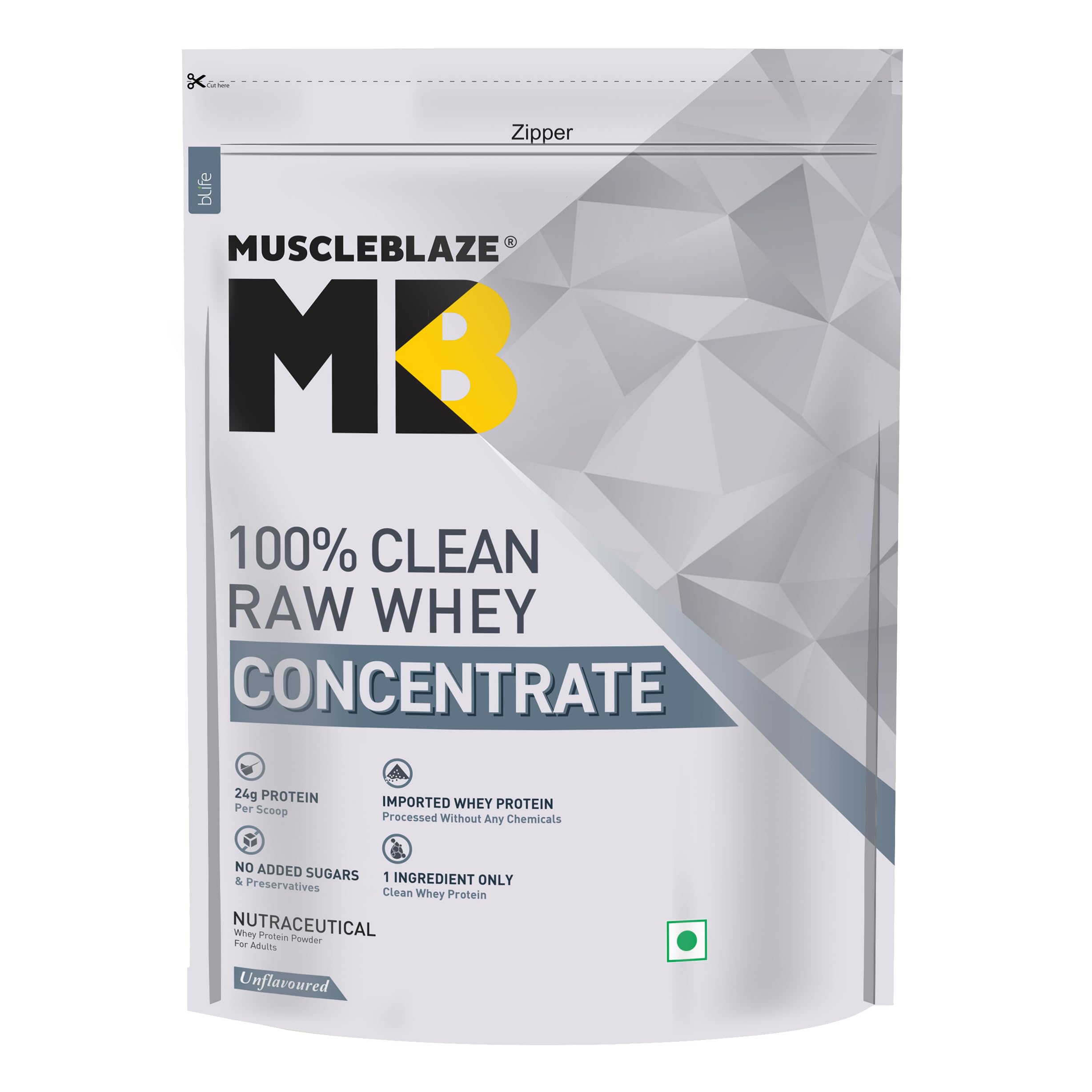 MuscleBlaze 100% Clean Raw Whey Protein Concentrate (Unflavoured, 2kg) | Easy to Digest