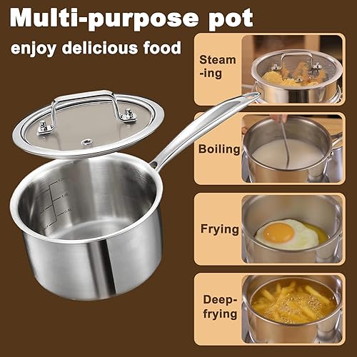 Miniatura 7 de MOUTIUS Cacerola triple de acero inoxidable de 1 cuarto con tapa, olla de ramen con tapa de vidrio transparente, cacerola pequeña para cocinar