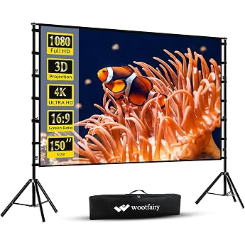 Wootfairy Projection Screen with Stand 150 Inch Portable and Foldable Projection Screen 4K HD 169 Wrinkle Free Film Screen for Back and Front Projection with Carry Bag for Indoor
