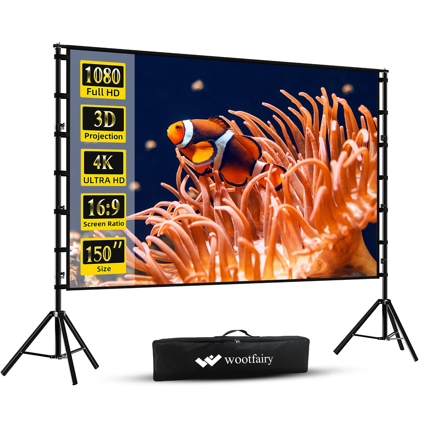 Wootfairy Projektionsleinwand mit Ständer, 381 cm (150 Zoll) tragbare und faltbare Projektionsleinwand 4K HD 16:9 knitterfreie Filmleinwand für Rück- und Frontprojektion mit Tragetasche für drinnen