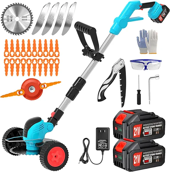 Electric Cordless Weed Wacker Eater Battery Powered, Lightweight No-String Weed Trimmer with 2x 4.0Ah Battery Operated & Wheels, 3 in 1 Stringless Grass Trimmer/Edger/Brush Cutter for Garden Yard Lawn