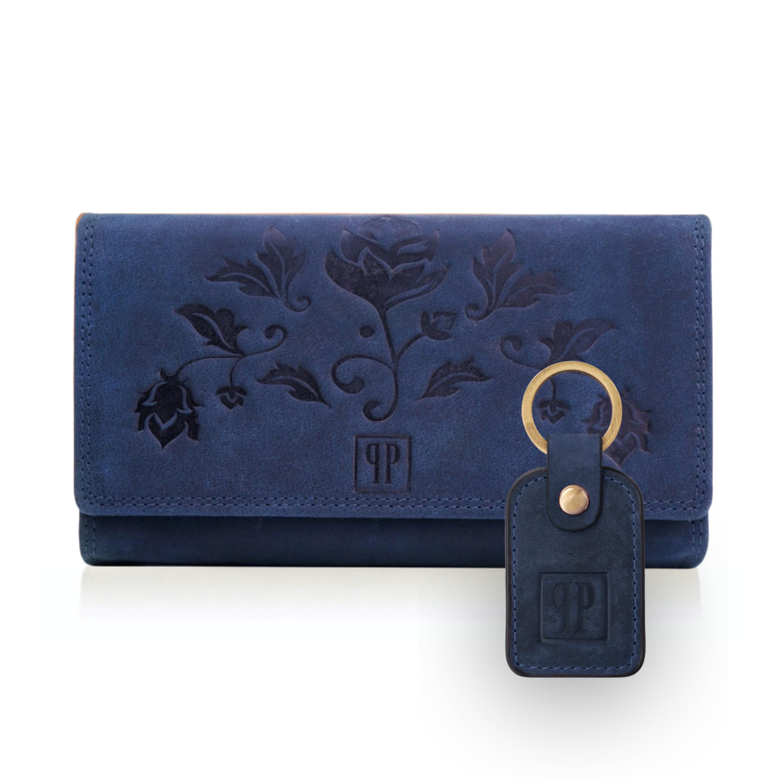 Damen Leder Geldbörse T-05-DB und Schlüsselanhänger T-85-HDB, Marineblau GESCHENKSET Paolo Peruzzi ZUP-97-DB