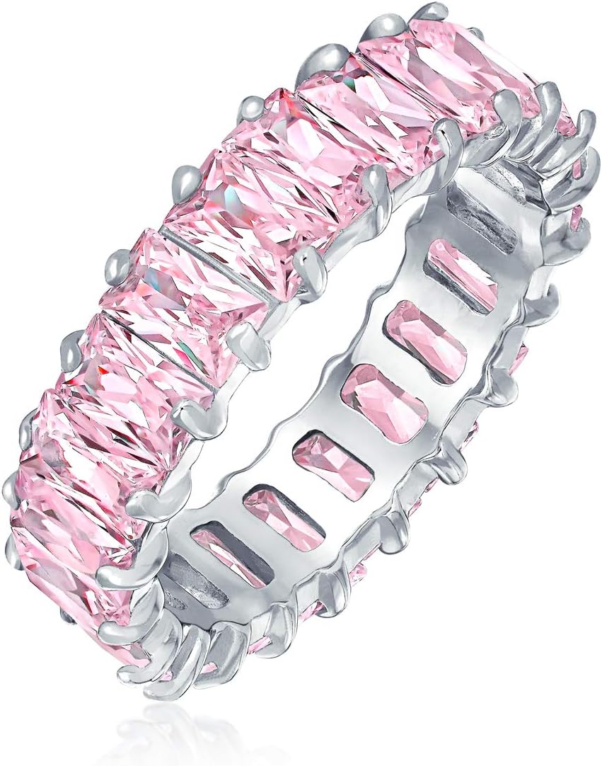 AAA Cubic Zirconia Jewel Multi Color Simulated Gemstone Channel Set Rectangle Emerald Cut Baguette CZ Eternity Ring Anniversary Wedding Band For Women .925 Sterling Silver 4MM Stackable Rings