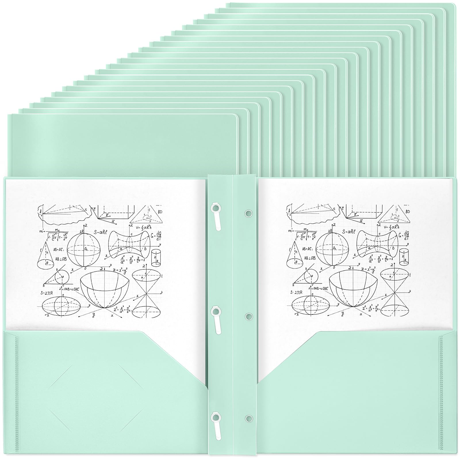 Yeaqee 60 Pcs Plastic Folders with Pockets and Prongs Plastic Folder 2 Pockets 3 Prongs with Business Card Slot Back to School Folders for Students, Teachers, Office Workers (Mint Green)