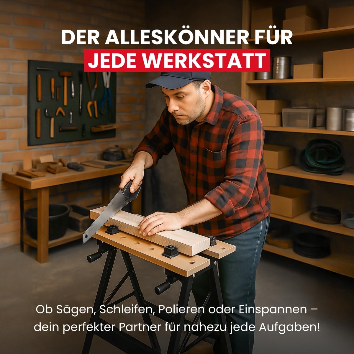 WALTER Werk- und Spanntisch, 100 kg Tragkraft, große Arbeitsfläche, klappbar und vielseitig verstellbar, universell einsetzbar, zum Schleifen, Sägen oder Einspannen von Werkstücken, Arbeitshöhe 77 cm