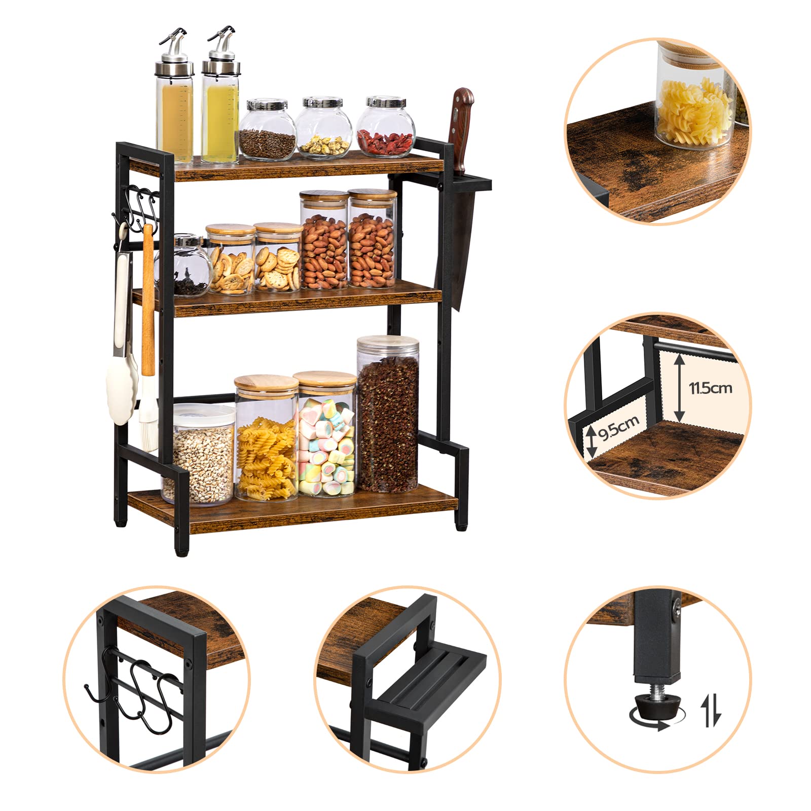 HOOBRO Kruidenrek, Keukenplank met 3 haken en messenhouder, Kruidenrek, Keukenorganizer voor op het aanrecht, Kruidenhouder, Voor keuken, Eetkamer, Badkamer, Houtkleur en Wit EWN01TL01