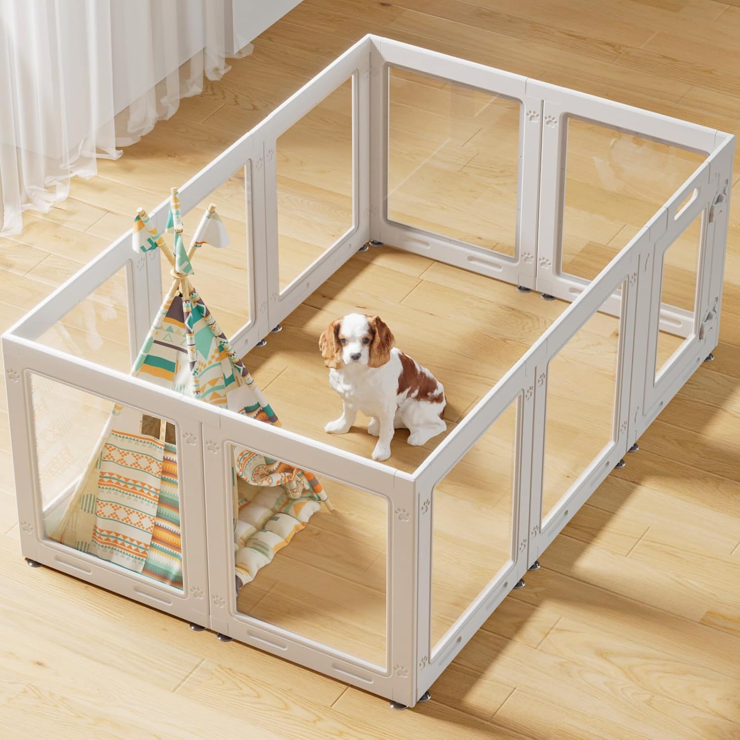 Clear Acrylic Dog Playpen with Door,23.6" Puppy Playpen,Easy Assemble Pet Fence,10-Panel for Puppies/Small Dog Play Pen Indoor (White, 23.6 Inch-H, 10 Panel) White-10 10 Panel 23.6 Inch-H