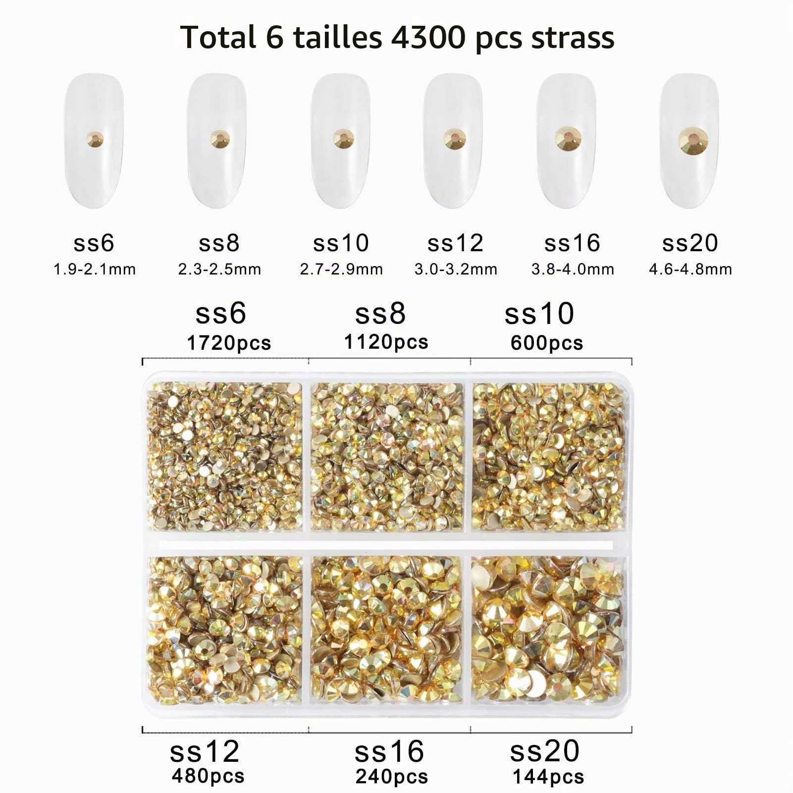 Beadsland Lot de 4300 strass ronds à dos plat pour bricolage - 6 tailles - Avec pincettes et crayons de cire - SS6 - SS20 - Doré métallique