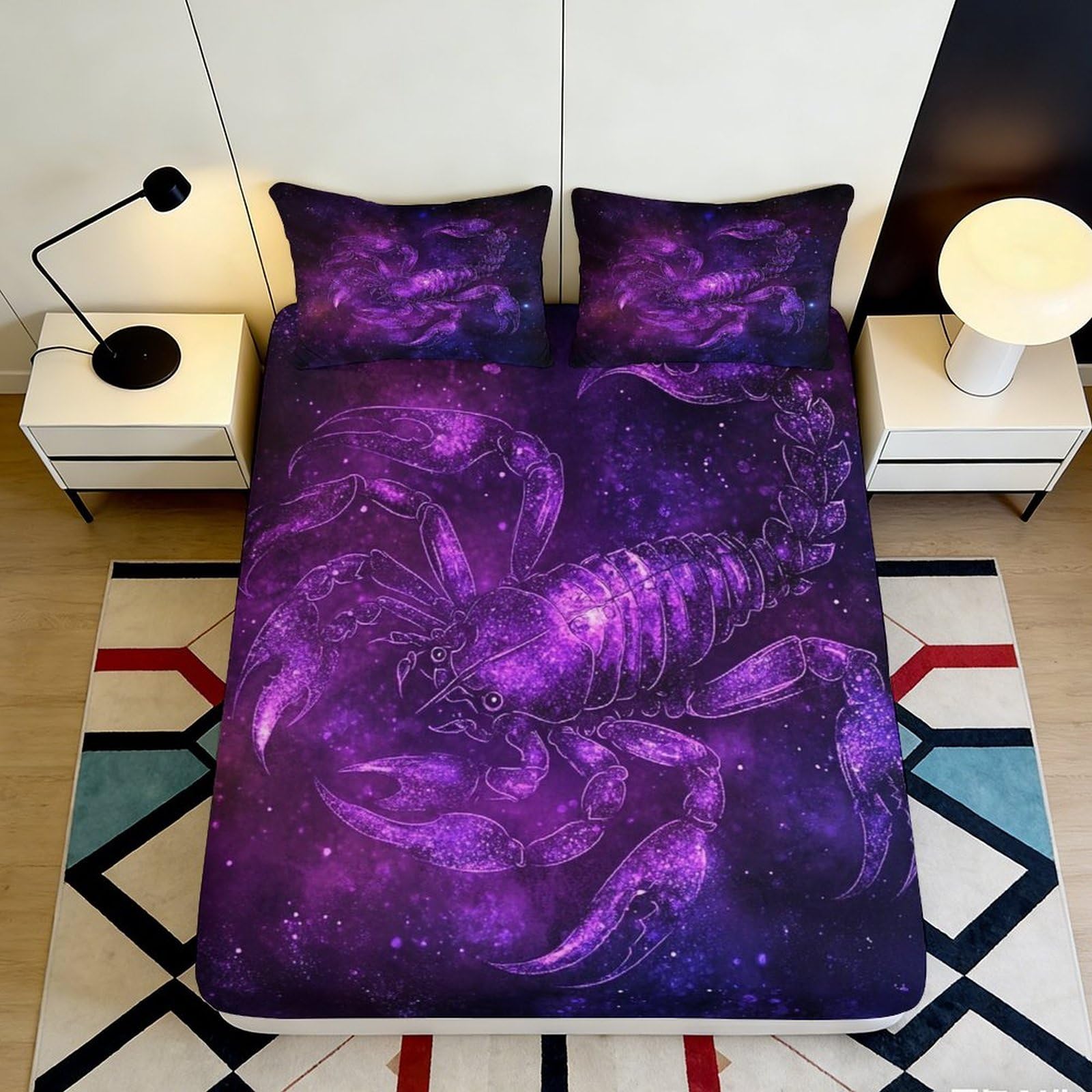 3D Printed Purple Scorpion Fitted Sheet Microfiber Soft Durable Cosmic Nebula Bed Cover for Bedroom Dormitory Guest Room Mattress Protection 90x200x25cm