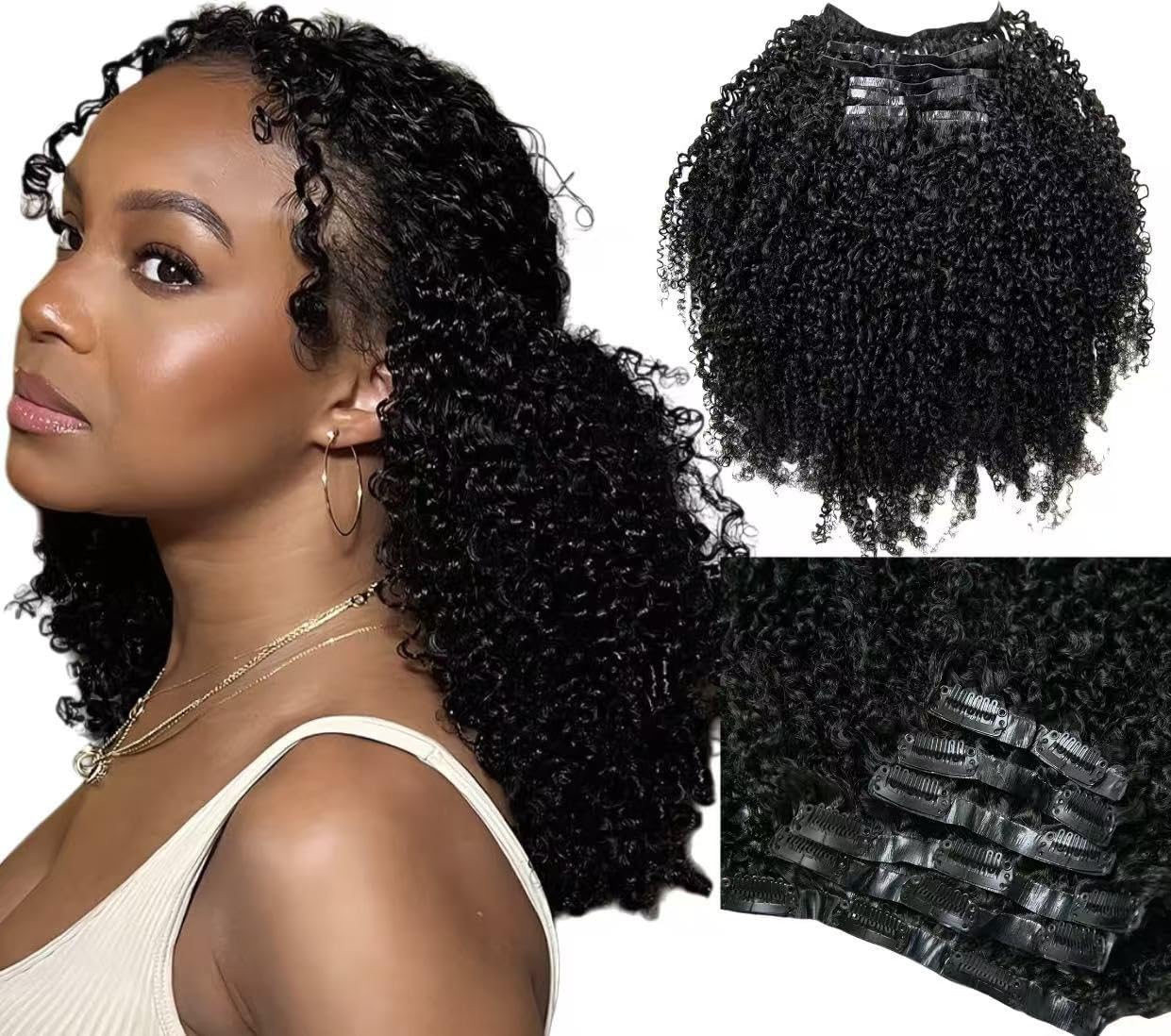 Seamless PU Clip In Hair Extensions 120g 7pcs Human Hair Natural Black Afro Kinky Curly PU Clip Ins Seamless Clip Ins For Black Women Virgin Hair PU Weft Invisible Edge 14inch