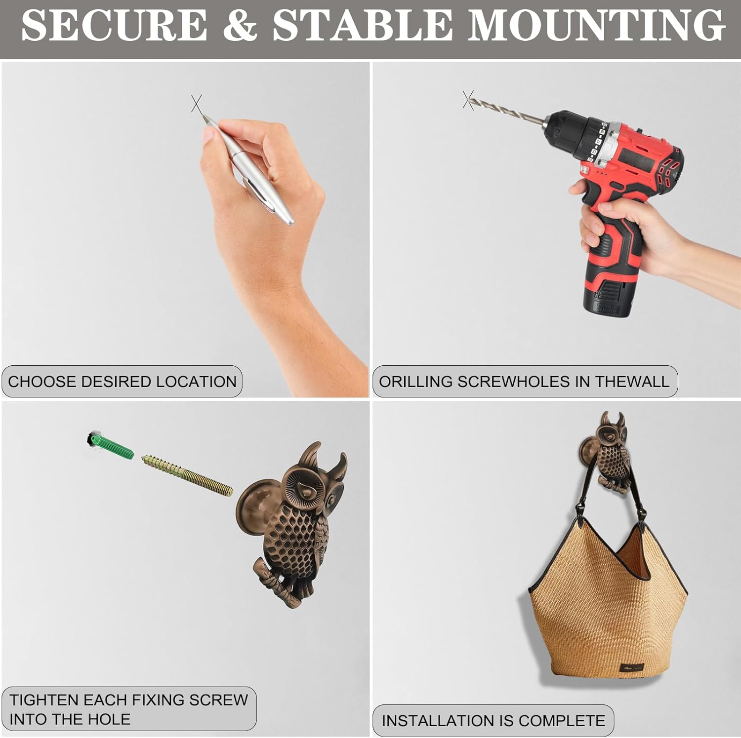 4 Pcs Owl Wall Hooks,Decorative Single Prong Coat Hooks for Clothes, Hats, Bags, Robes,Creative Animal Wall Mounted Hangers