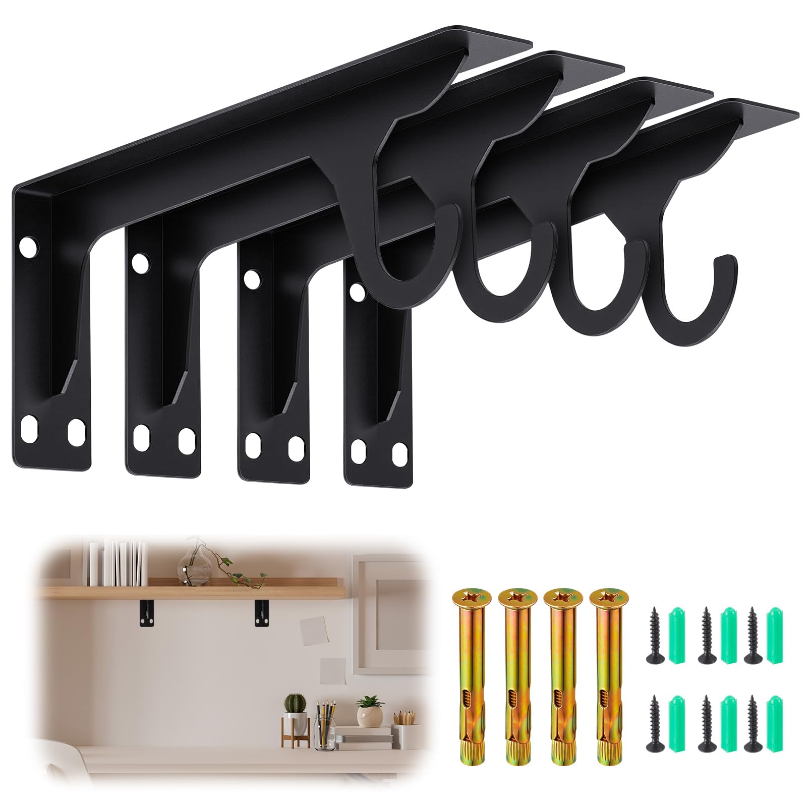 4 Pcs Wall Mounted Closet Rod Brackets, 11.18 Inch, Black
