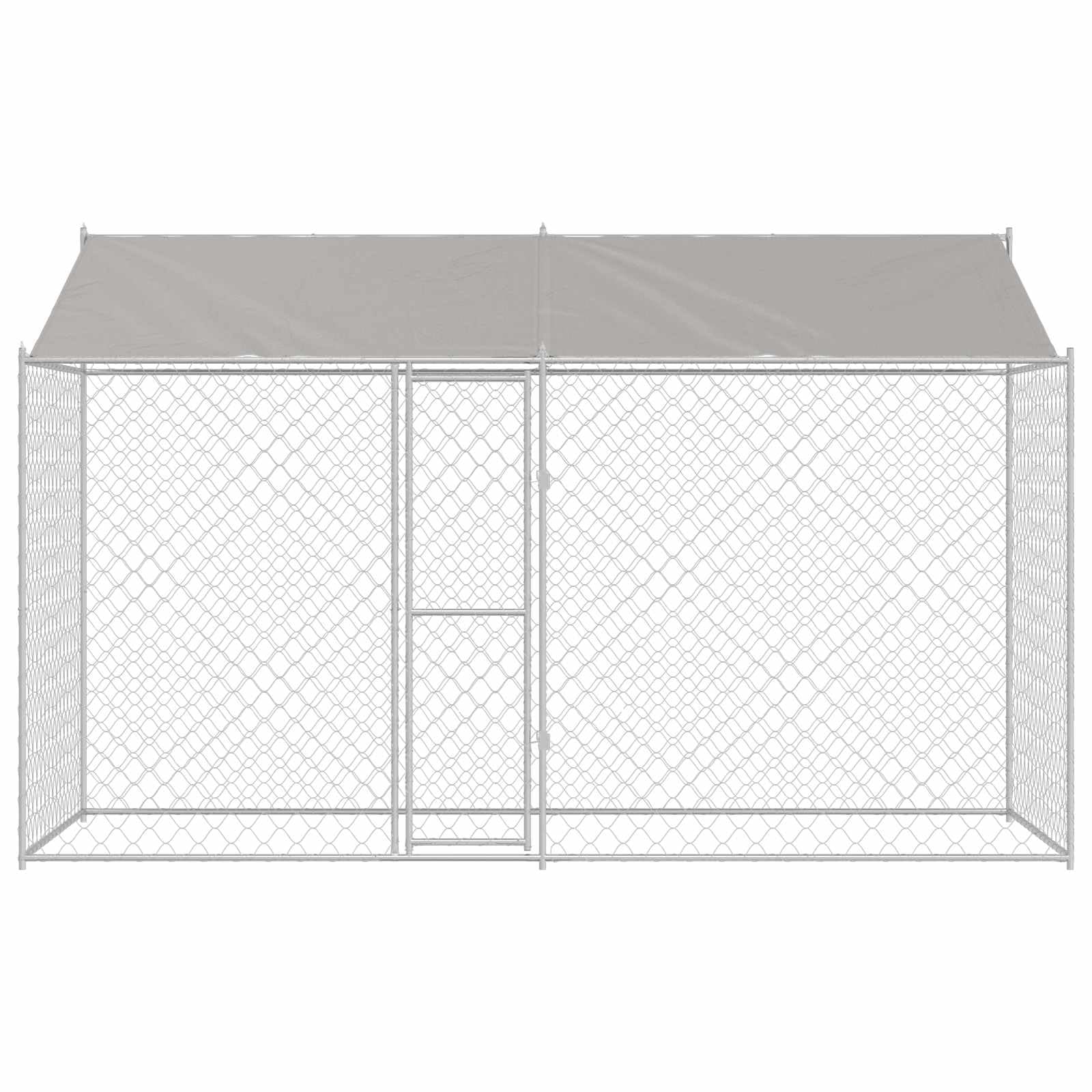 Klatka dla psa z dachem, srebrna, 400 x 200 x 256 cm, wykonana ze stali i PE, odporna na warunki atmosferyczne wybieg dla psów z kratką drucianą, zamykanymi drzwiami, przestronna karma dla