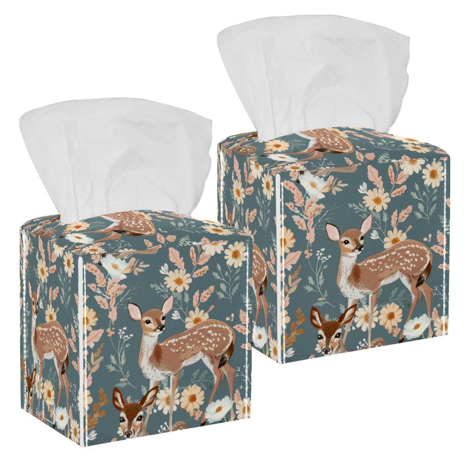Deers Florals Tissue Box Cover, 2 Pack PU Leather Square Facial Tissue Dispenser Box holder for Home Office Car