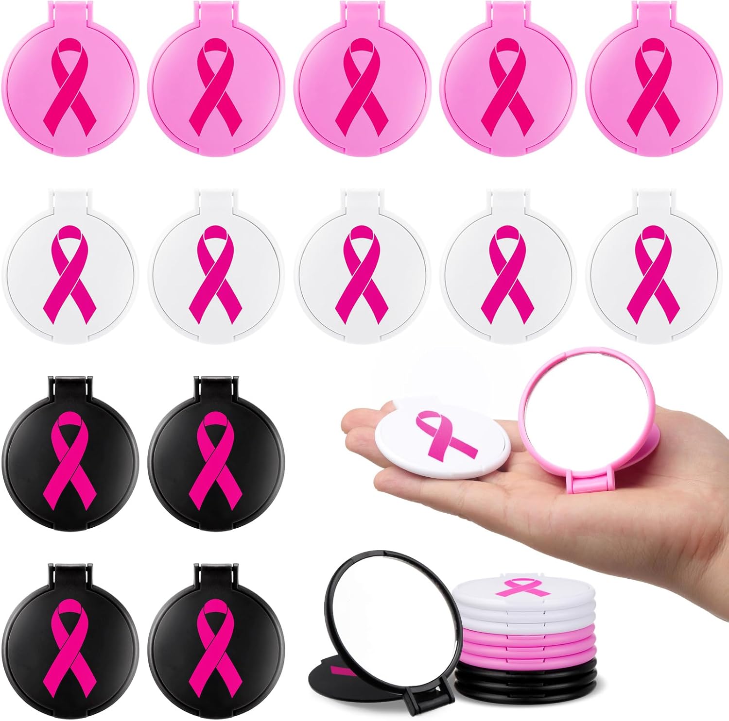 Yexiya 100 Pcs Breast Cancer Awareness Gift Bulk Breast Cancer Round Mini Folding Makeup Mirror with Pink Ribbon Pocket Travel Mirror for Women Friends (Pink, White and Black,Classic)