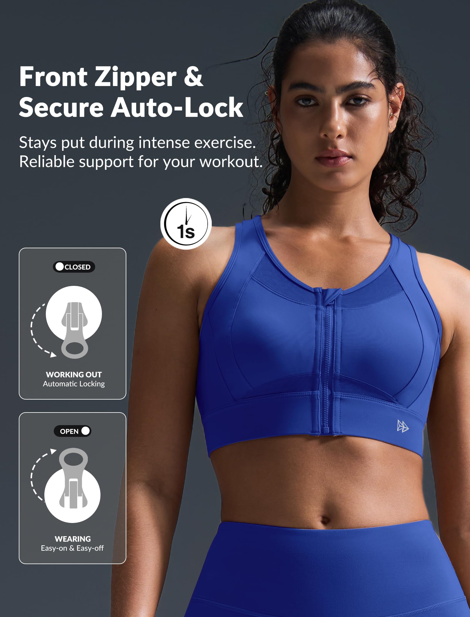 Yvette High Impact Sports Bras for Women Large Bust Zip Front Closure Sports Bra High Support for Running Workout