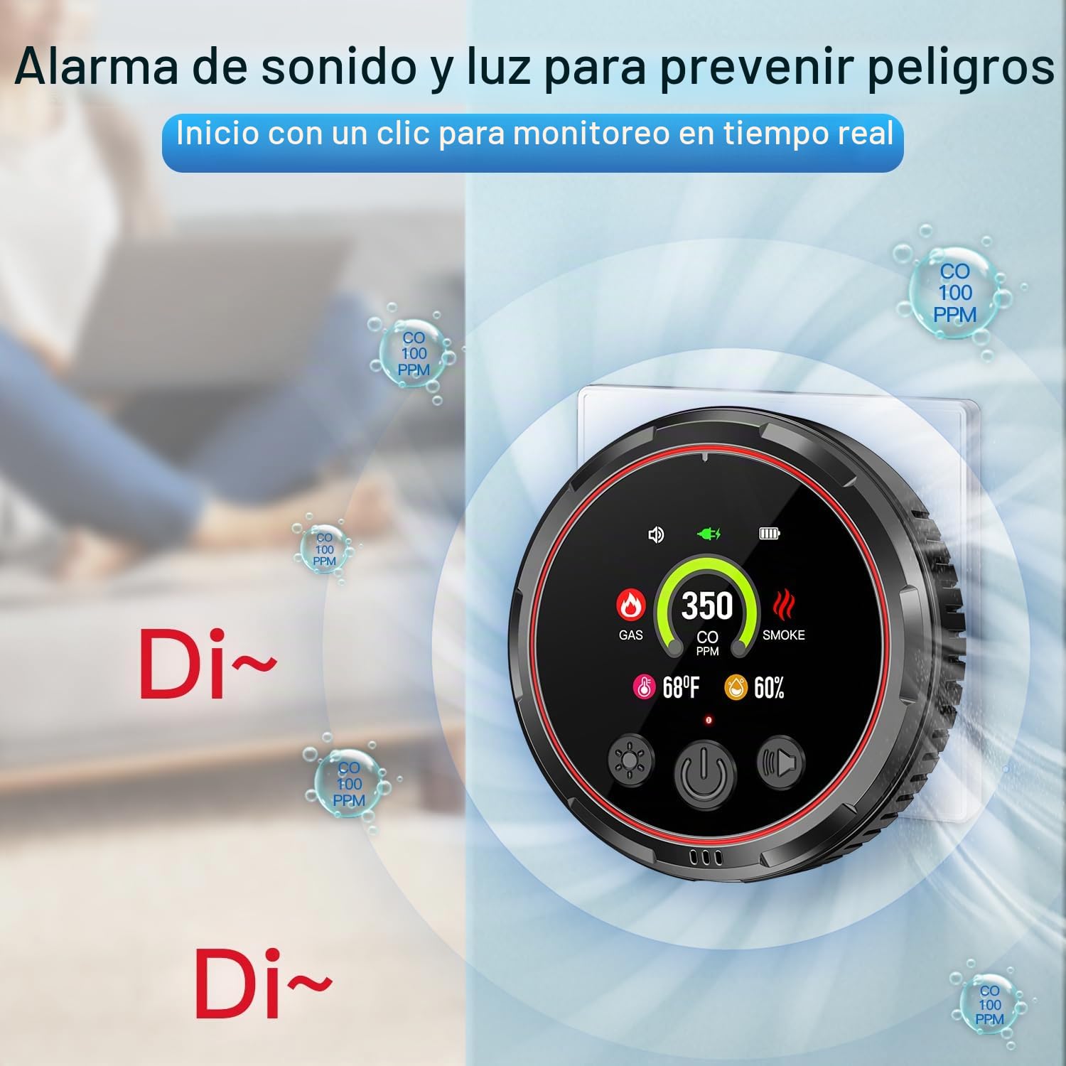 Enchufe 5 en 1 detector de humo y monóxido de carbono y combinación de gas natural combustible, batería de respaldo incorporada, pantalla HD [sensor de humedad de temperatura de gas humo CO] para el