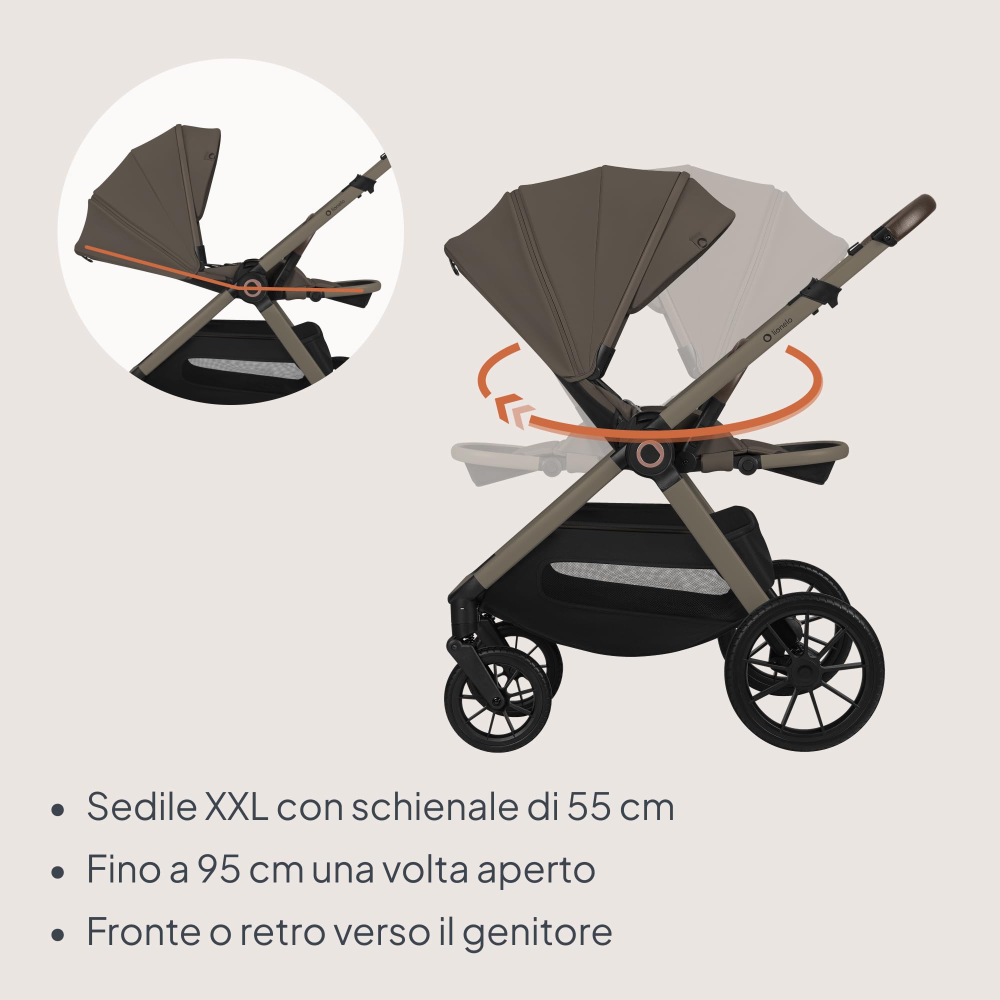 LIONELO Layla Passeggino 3 in 1 con Navicella e Seggiolino Auto, 0-48 Mesi | Fino a 22 kg, Navicella fino a 9 kg, Schienale e Poggiapiedi Regolabili, Ruote PU 360°, Sospensioni Complete, Cappottina XXL