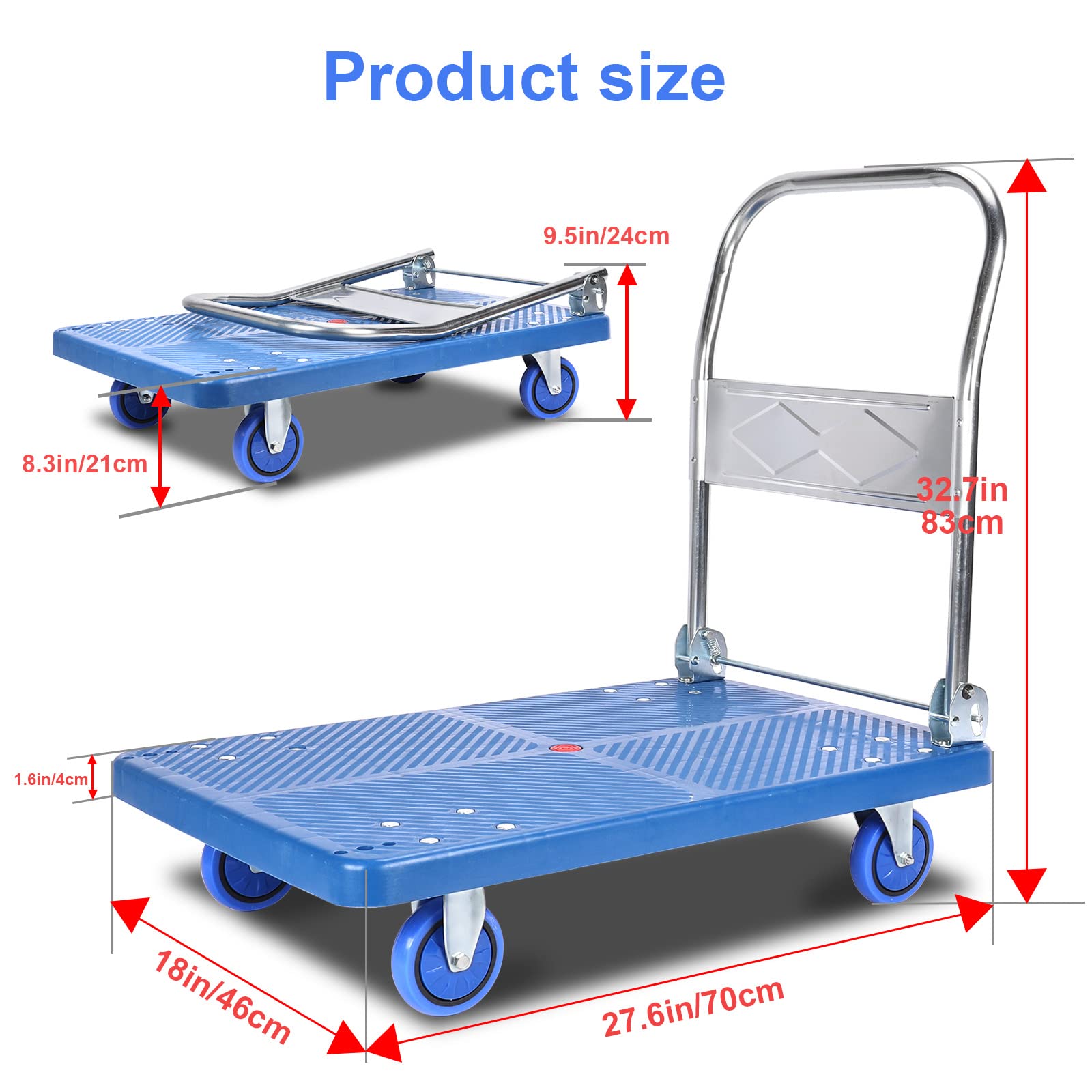 Carro de plataforma plegable para camión de mano, 150 kg de capacidad, 83 x 70 x 46 cm para almacén (gris)