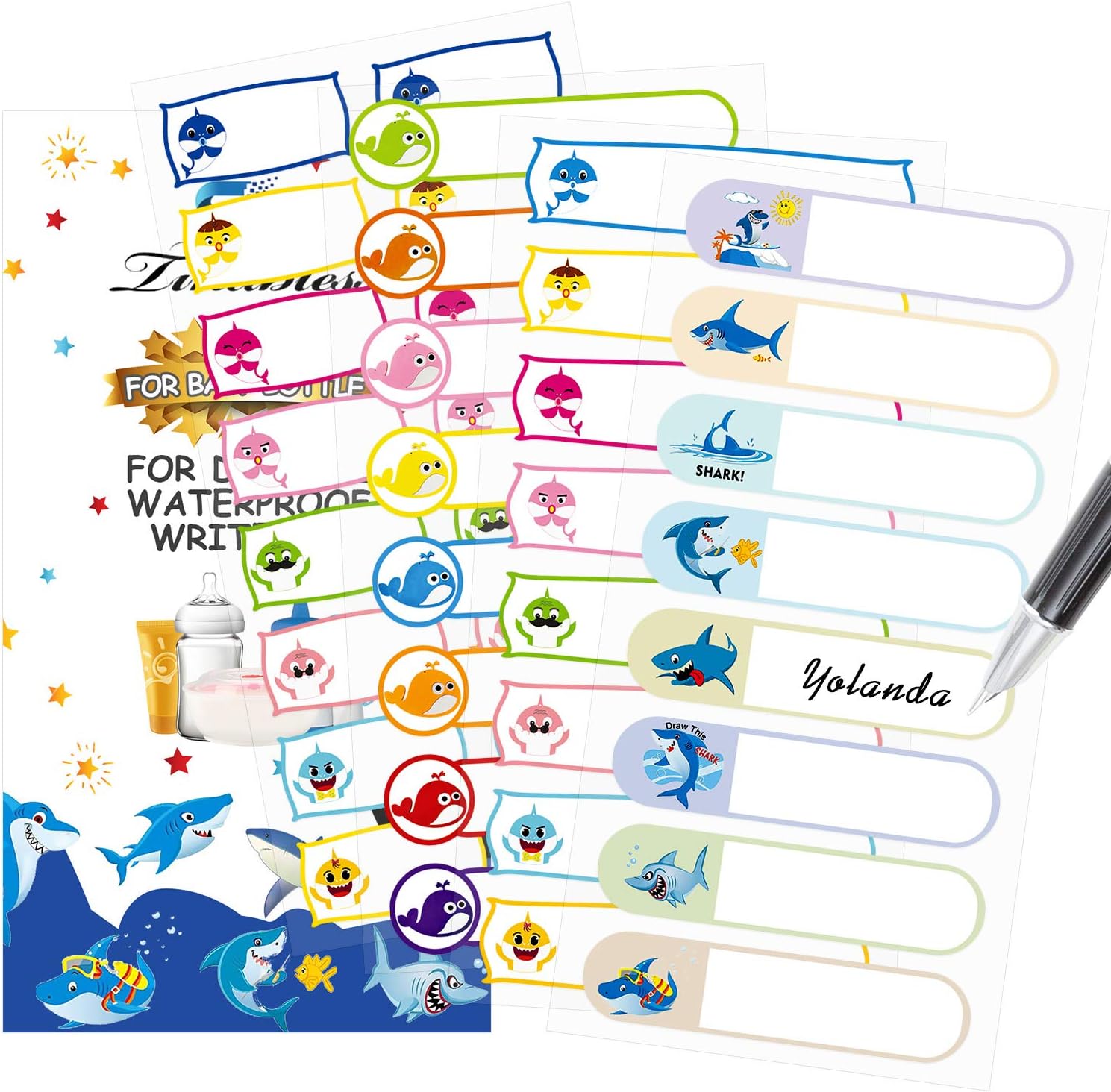 Baby Bottle Labels for Daycare, Tinabless Self-Laminating, Waterproof Write-On Name Stickers for School, Travel, Pack of 88 (Shark)