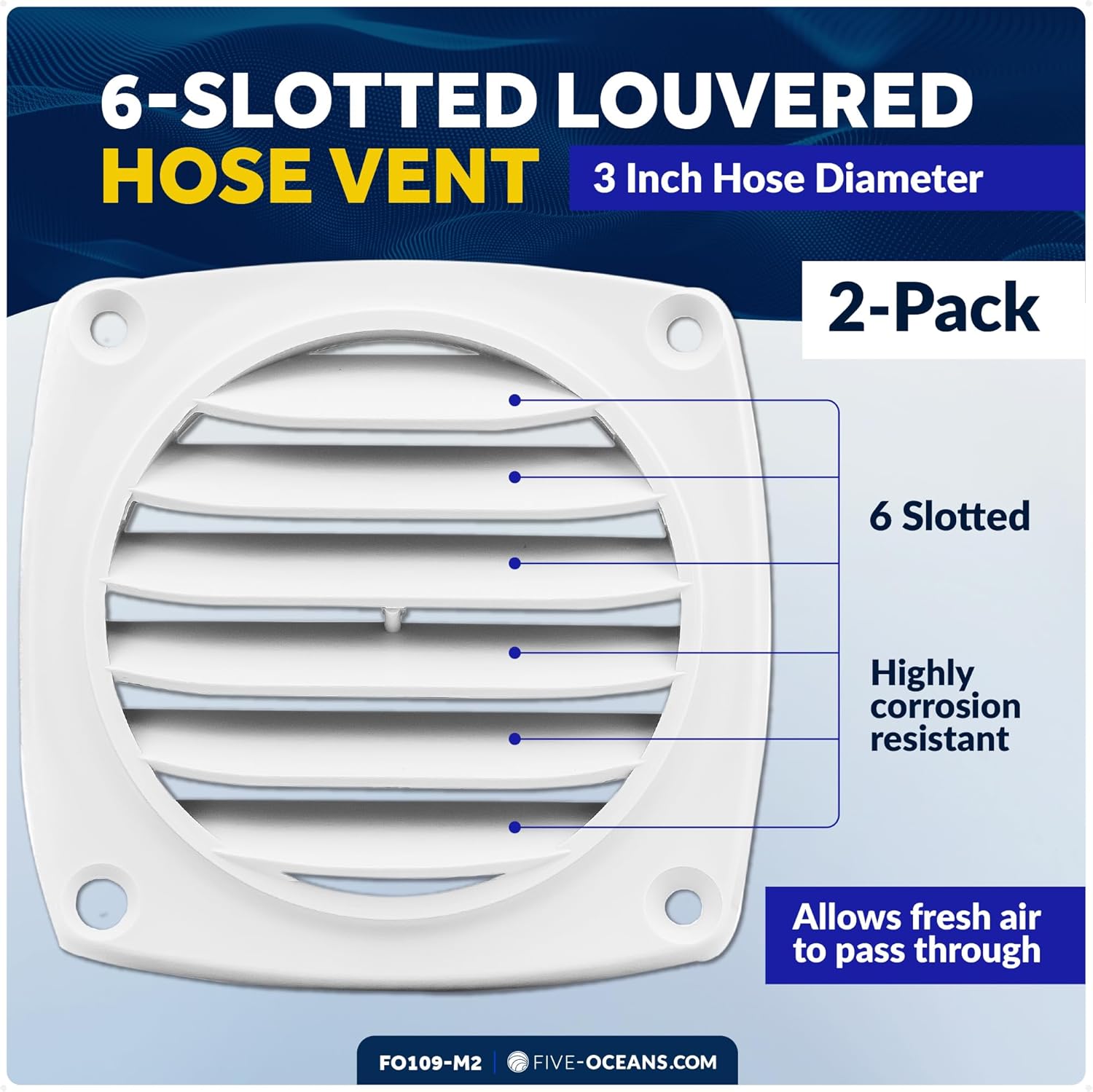 Five Oceans Boat Vent - lotted Louvered Hose Vent, Boat Cover Vent - Air Hose Thru Vent, Black ABS Plastic, Hose Sizes 3-inch & 4-inch Hose Diameter, White & Black Color Available