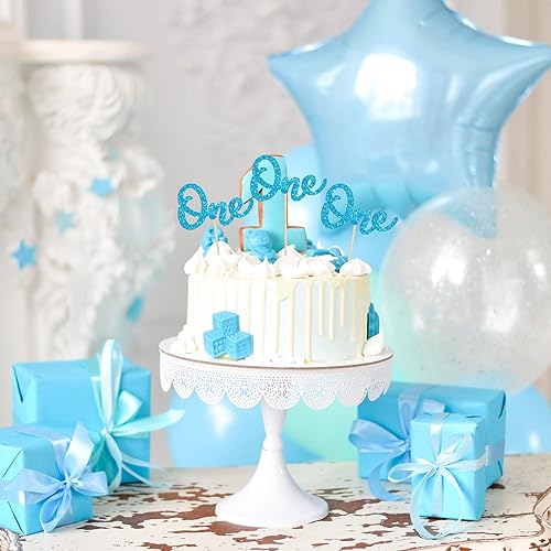 Miniatura 4 de Gyufise 24 piezas de decoración de cupcakes con purpurina azul claro para primer cumpleaños para niños, baby shower, 1er cumpleaños, decoración de