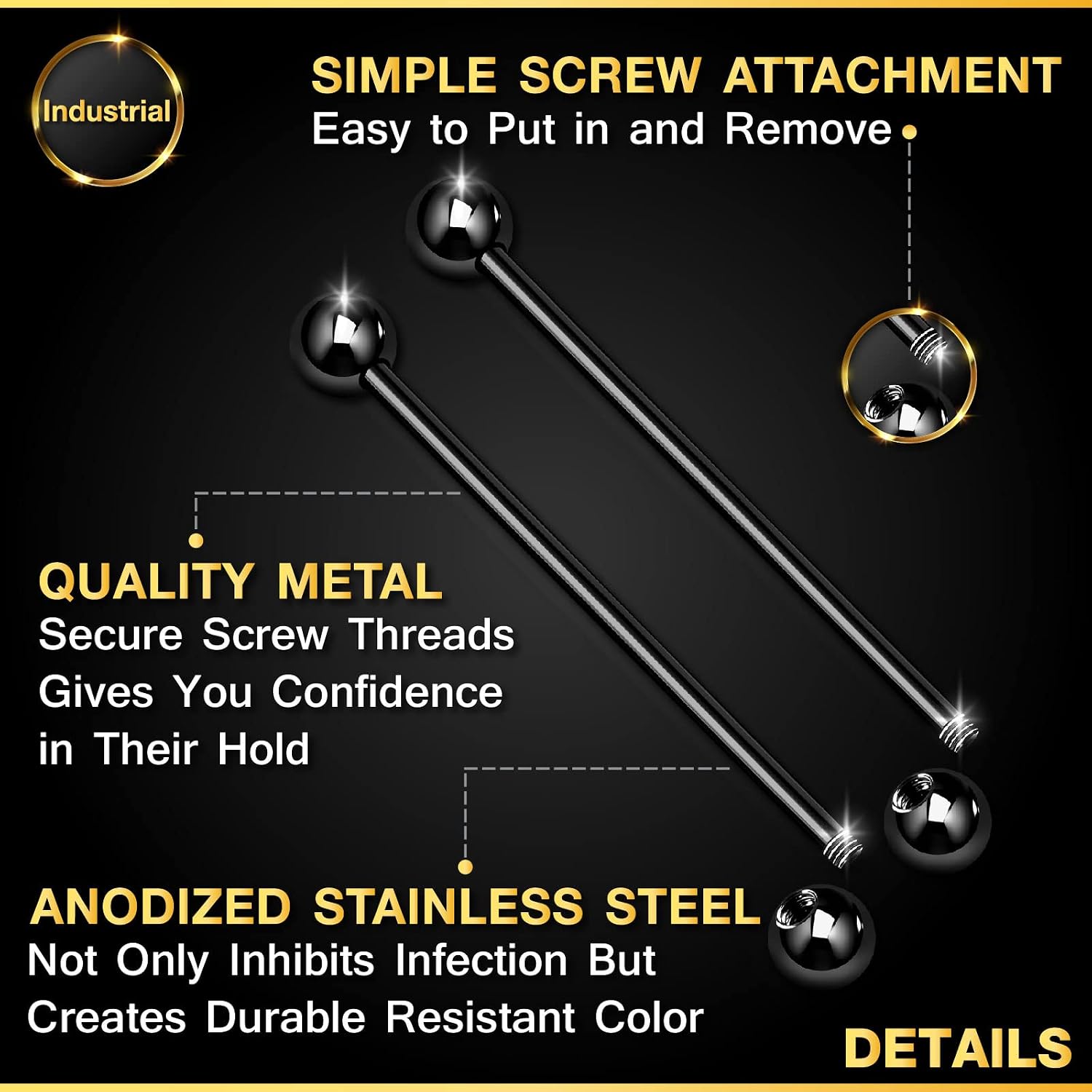 2PCS Stainless Steel Black Industrial Barbell Scaffold Plug 14 Gauge 1-1/4" (32mm) 5mm Ball Earrings Piercing Jewelry 7970
