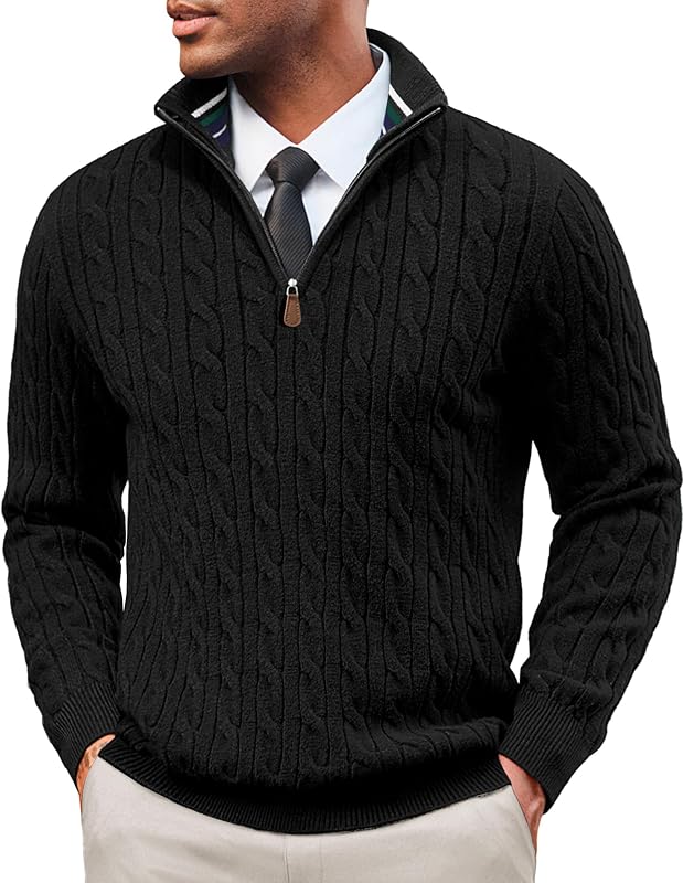 Mens Quarter Zip Cable Knit Pullover Sweater | Long Sleeve, 1/4 Zip, Mock Neck, Regular Fit, Twist Knitted Texture, Midweight Warm Fall Winter Clothes