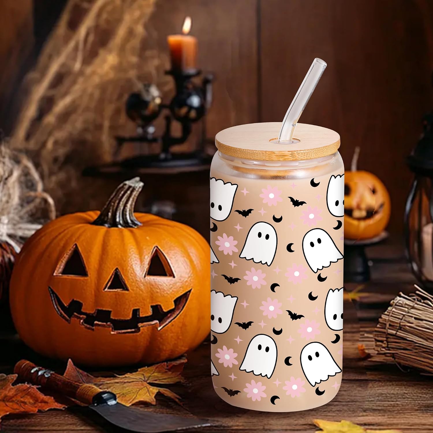 Lamyba Boo Basket Stuffers for Women Adults Teens Girls - 16oz Cute Pink Ghost Bats Halloween Glass Cups with Lid & Straw, Halloween Drinking Bottle