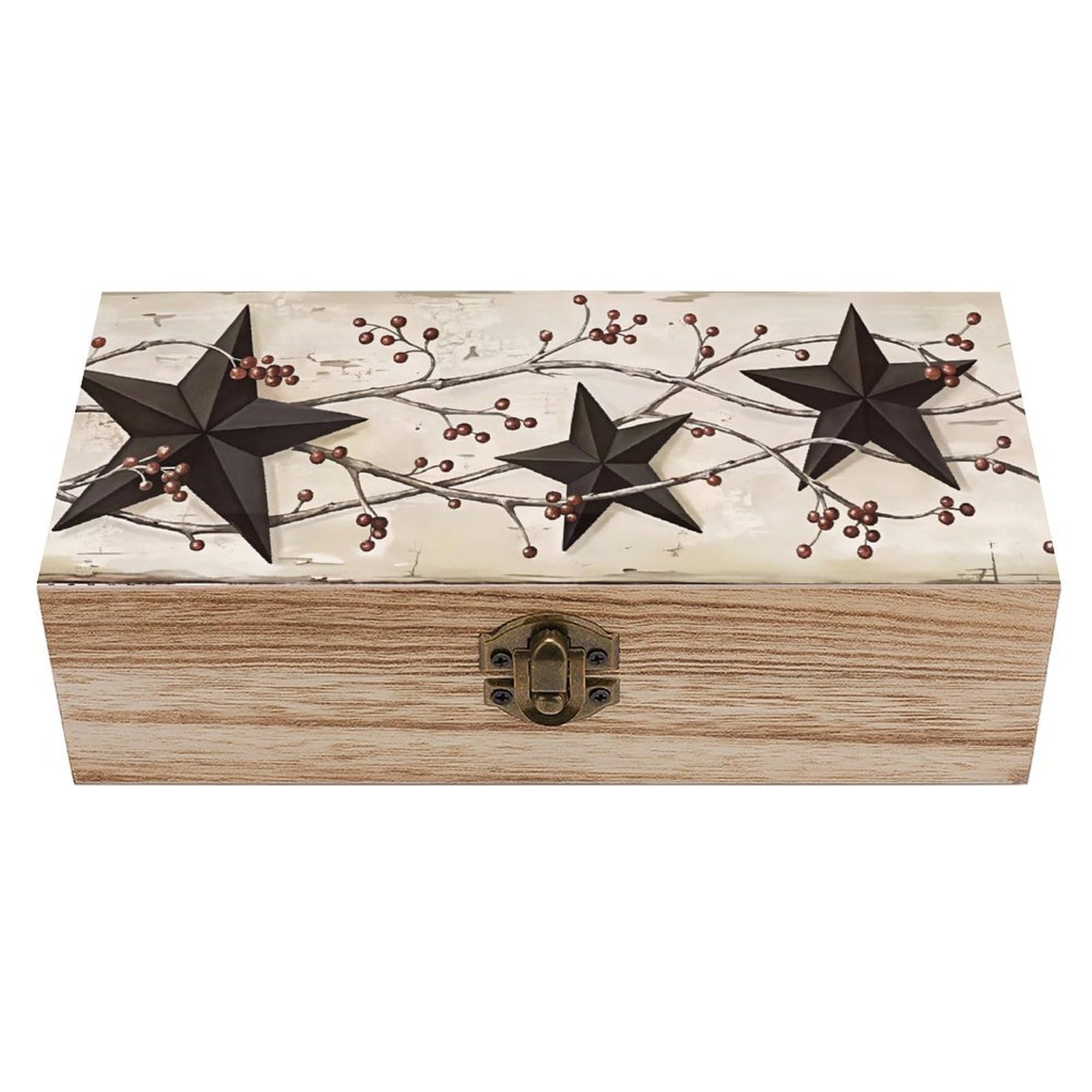 HLBSDM Vintage Farmhouse Star Vintage Wooden Keepsake Box with Hinged Lid And Locking Clasp, Decorative Storage Box for Jewelry, Trinkets And Small Accessories, Organizer for Home Or Wedding