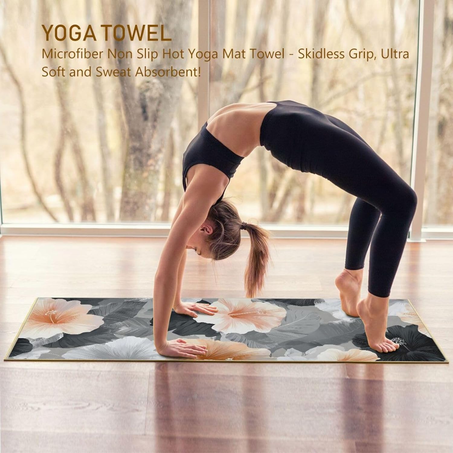 Art Floral Yoga Mat Towel with Silicone Grip Dot – 73"x27" Non-Slip Sweat Absorbent Microfiber Yoga Towel for Home Gym Studio