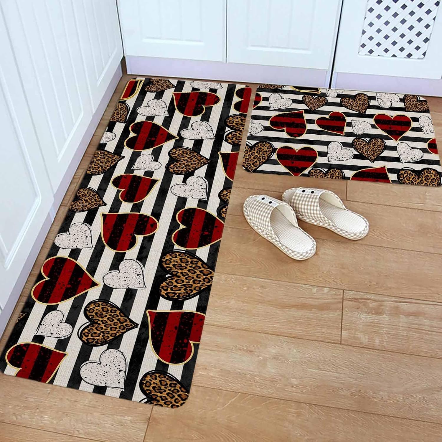 Valentine's Day Kitchen Rugs and Mats Set of 2, Non-Slip Kitchen Sink Mat, Black Red Strip Love Hearts Farmhouse Washable Doormat Bathroom Rugs Runner for Bedroom/Living Room 19.7"x31.5"+19.7"x63"