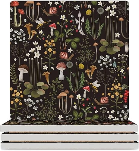 Miniatura 40 de Posavasos botánicos, posavasos redondos de cerámica redondos, 4 unidades, diseño de plantas vintage, diseño botánico de dibujos animados, hongos