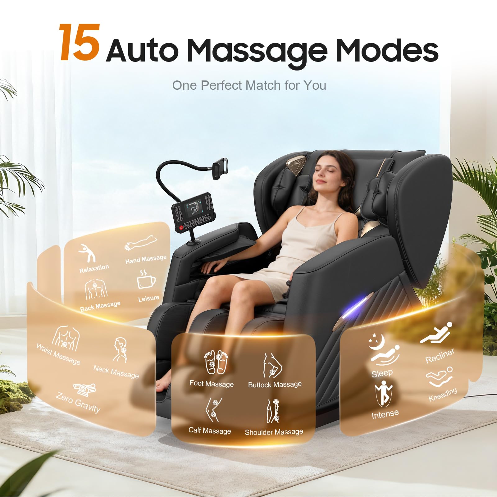 Fauteuil de massage, 16 rouleaux de massage, 8 airbags, chauffage lombaire, massage avec rouleaux et airbags sur les mollets, haut-parleur Bluetooth, télécommande avec écran tactile