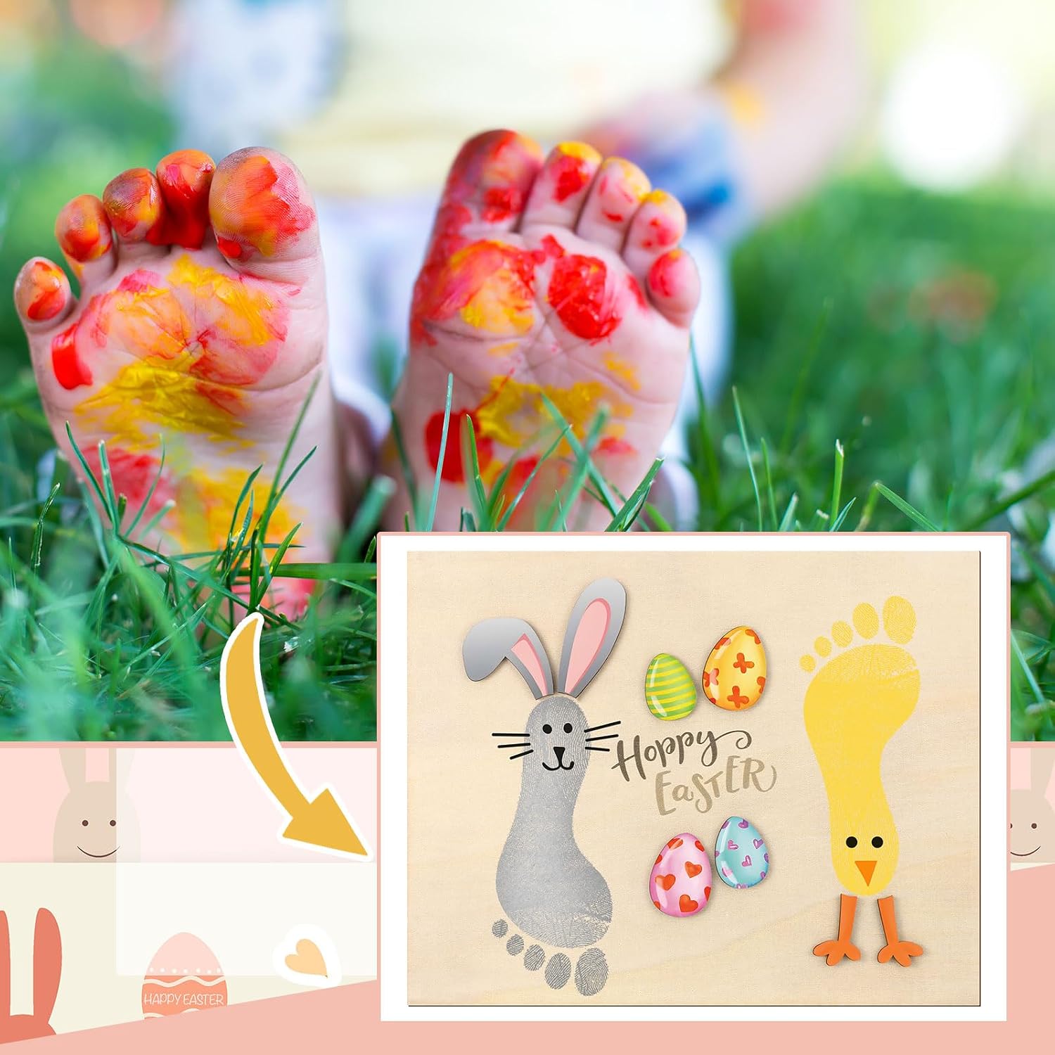 Wonderjune Baby's First DIY Easter Footprint Art Wooden Milestone Card Easter Keepsake Bunny Chick Happy Easter Sign Nursery Decorative Ornaments for Baby Shower Newborn Photoshoot Prop Basket Stuffer