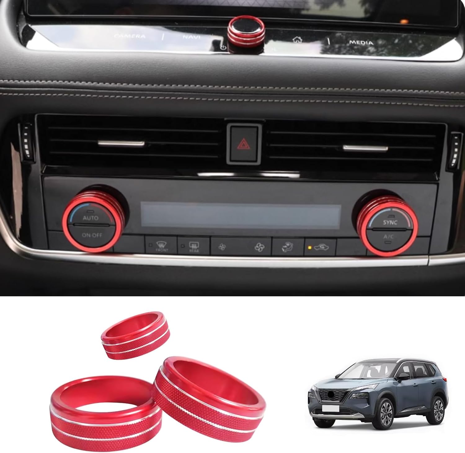 Car Accessories Interior Air Conditioner Switch & VOL Knob Button Trim Compatible with Nissan New Rogue 2021 2022 2023 2024 2025 2026 (Red) 3PCS Aluminum Alloy