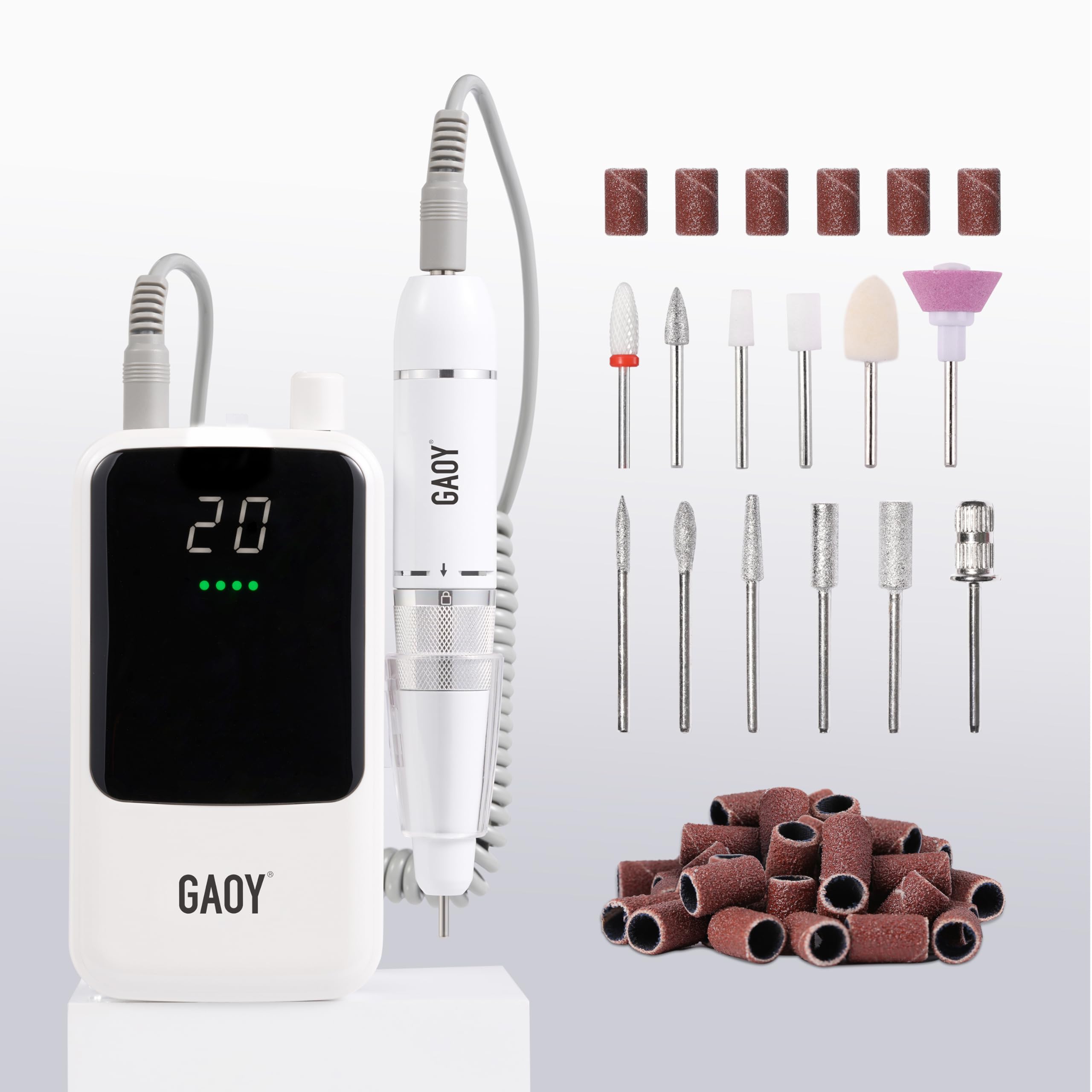 GAOY Rechargeable Cordless Nail Drill for Beginners, Electric Nail File with 12 Drill Bits and Sanding Band Set for Acrylic and Gel, White