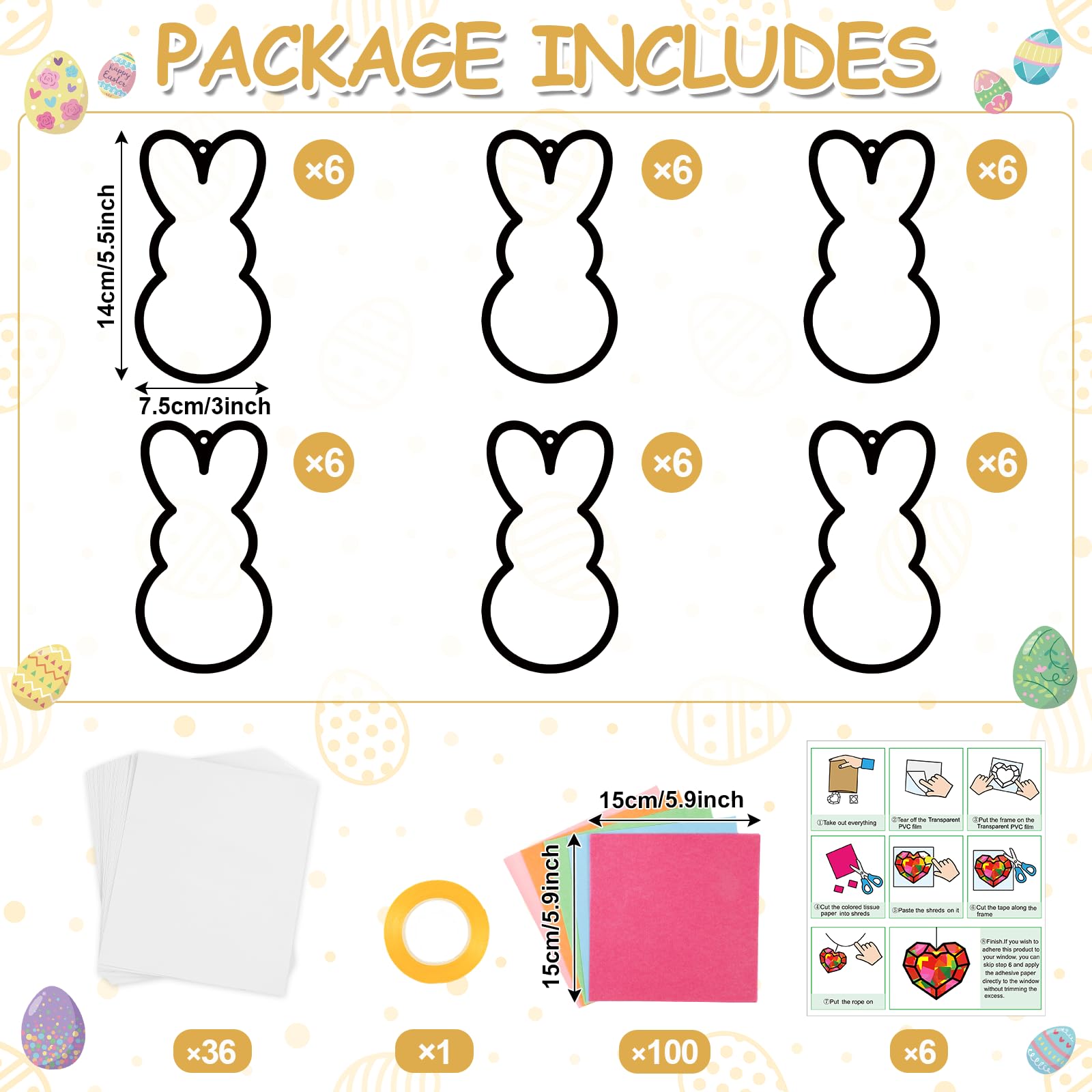 Qyeahkj Juego de 36 atrapasueños de conejo de Pascua, manualidades para niños, conejos coloridos, kit de manualidades de papel de seda, decoración colgante para Pascua, aula, hogar, actividad