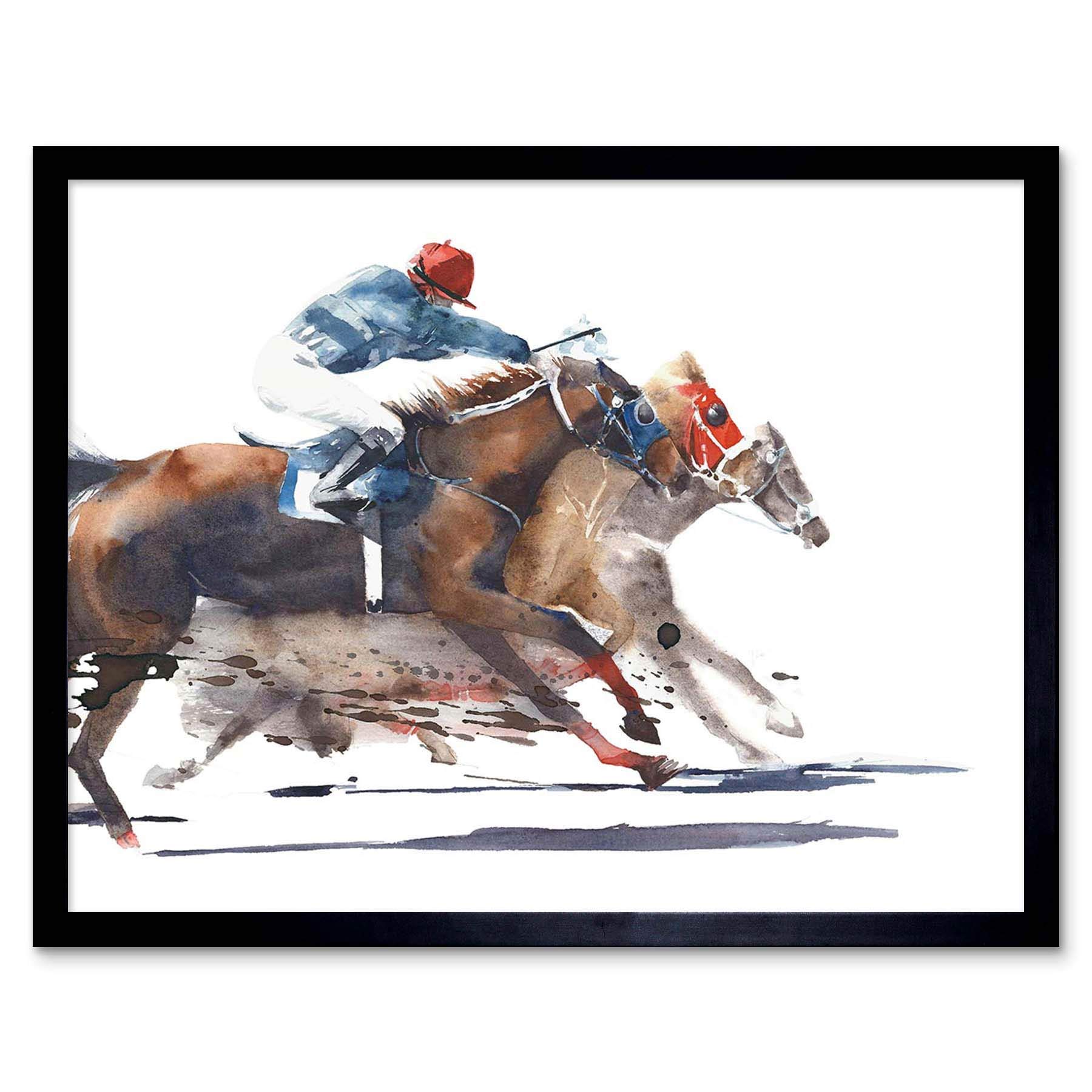 Wee Blue Coo Racing Horses With Jockey Art Print Framed Poster Wall Decor 12X16 Inch
