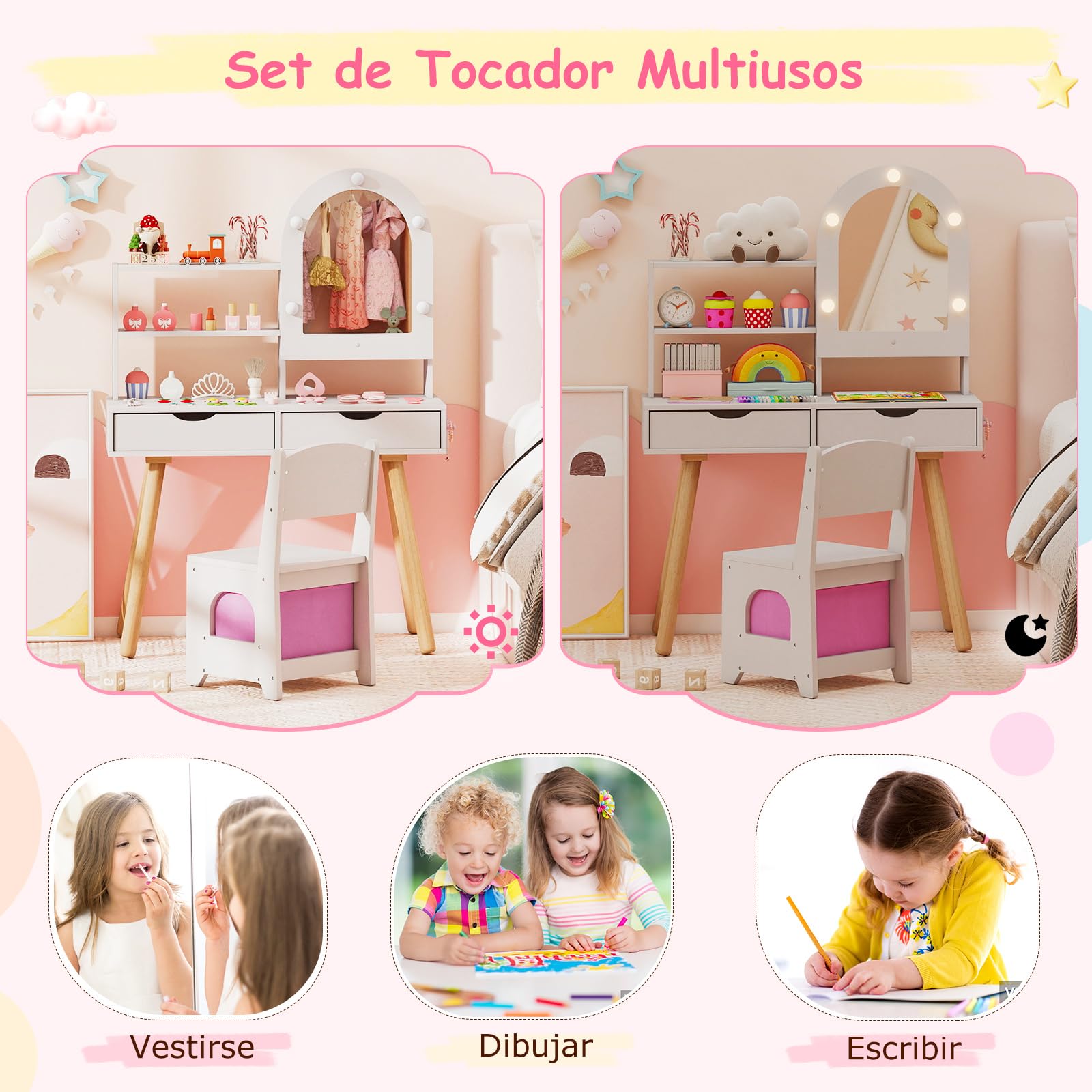 COSTWAY Tocador de Maquillaje Niña, Tocador Niña Madera con Espejo Iluminado, Estantes Abiertos y Cajones de Almacenamiento, Juego de Mesa de Maquillaje Estilo Conejito para Niños de 3+ Años (Blanco)