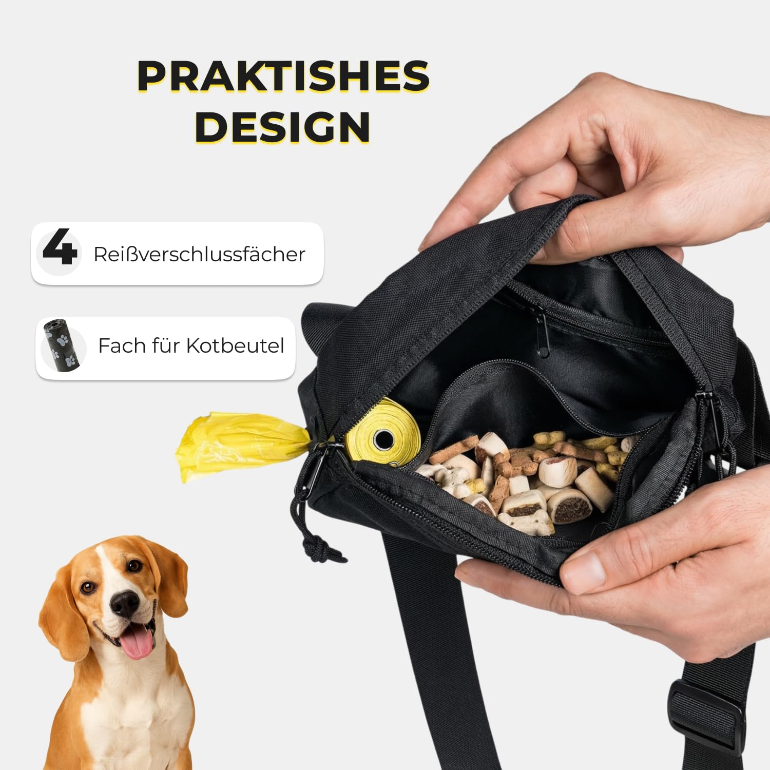 Leckerlitasche für Hunde – Bauchtasche mit verschließbaren Innentaschen und separatem Reißverschluss - Gassi Tasche für das Hundetraining – Leckerlibeutel mit Kotbeutelspender