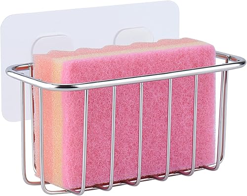 Soporte de esponja de acero inoxidable con soporte adhesivo sin costuras, para fregadero de cocina y organización de baño, plateado, paquete de 1